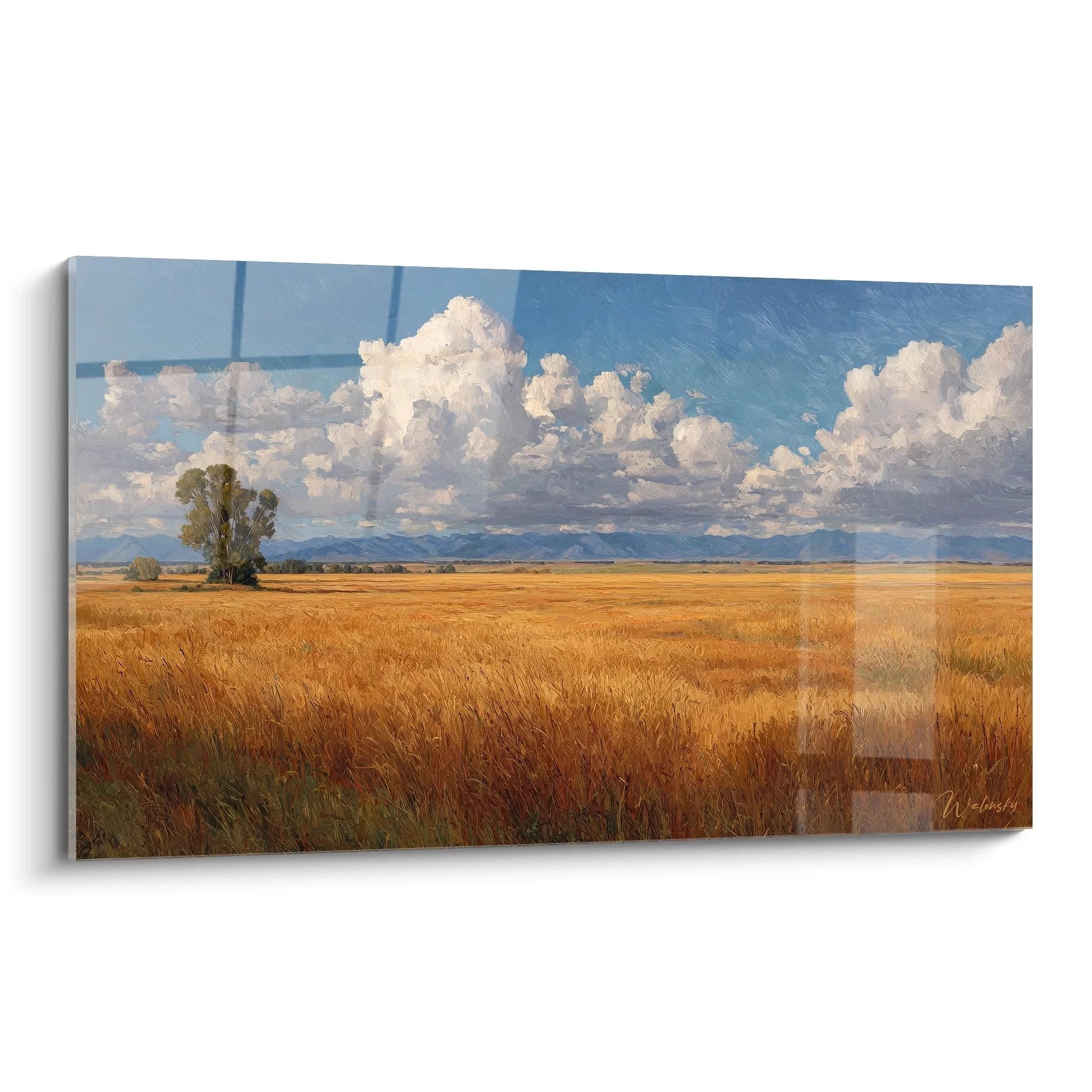 Wandbild Getreidefeld mit goldenem Weizenfeld und dramatischen Wolken - Landschaftsmalerei