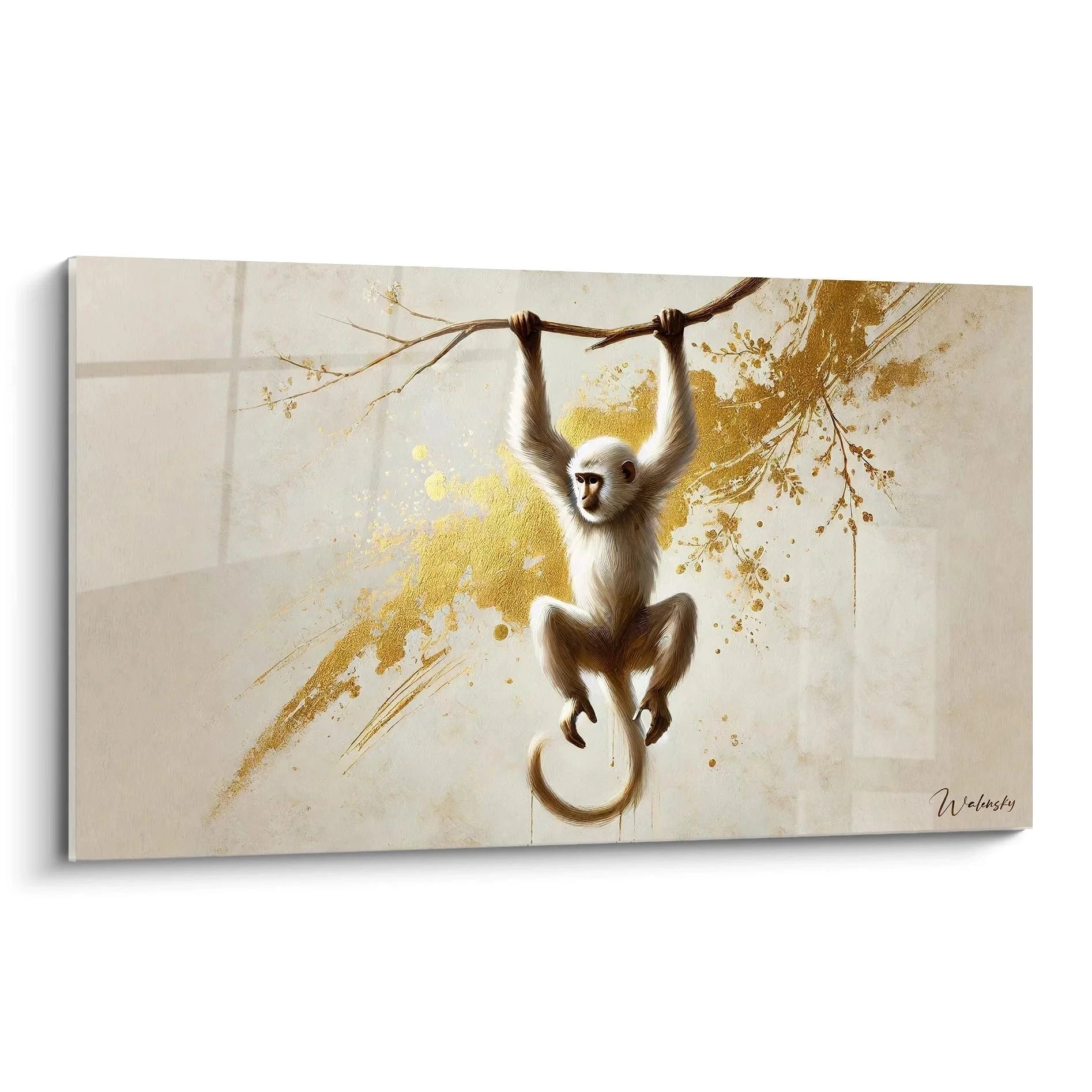 Wandbild Gibbon hängend in goldenen Tönen - elegante Affenkunst für Wohnzimmer