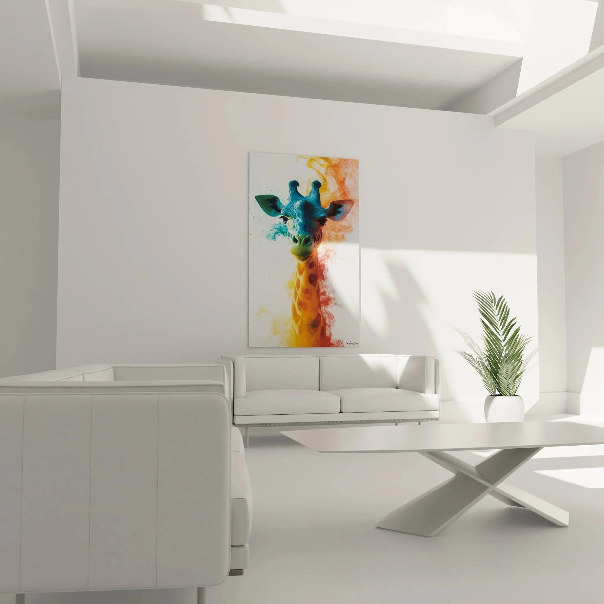 Detailansicht Wandbild Giraffe - Farbübergänge in Blau und Orange im Aquarell-Stil