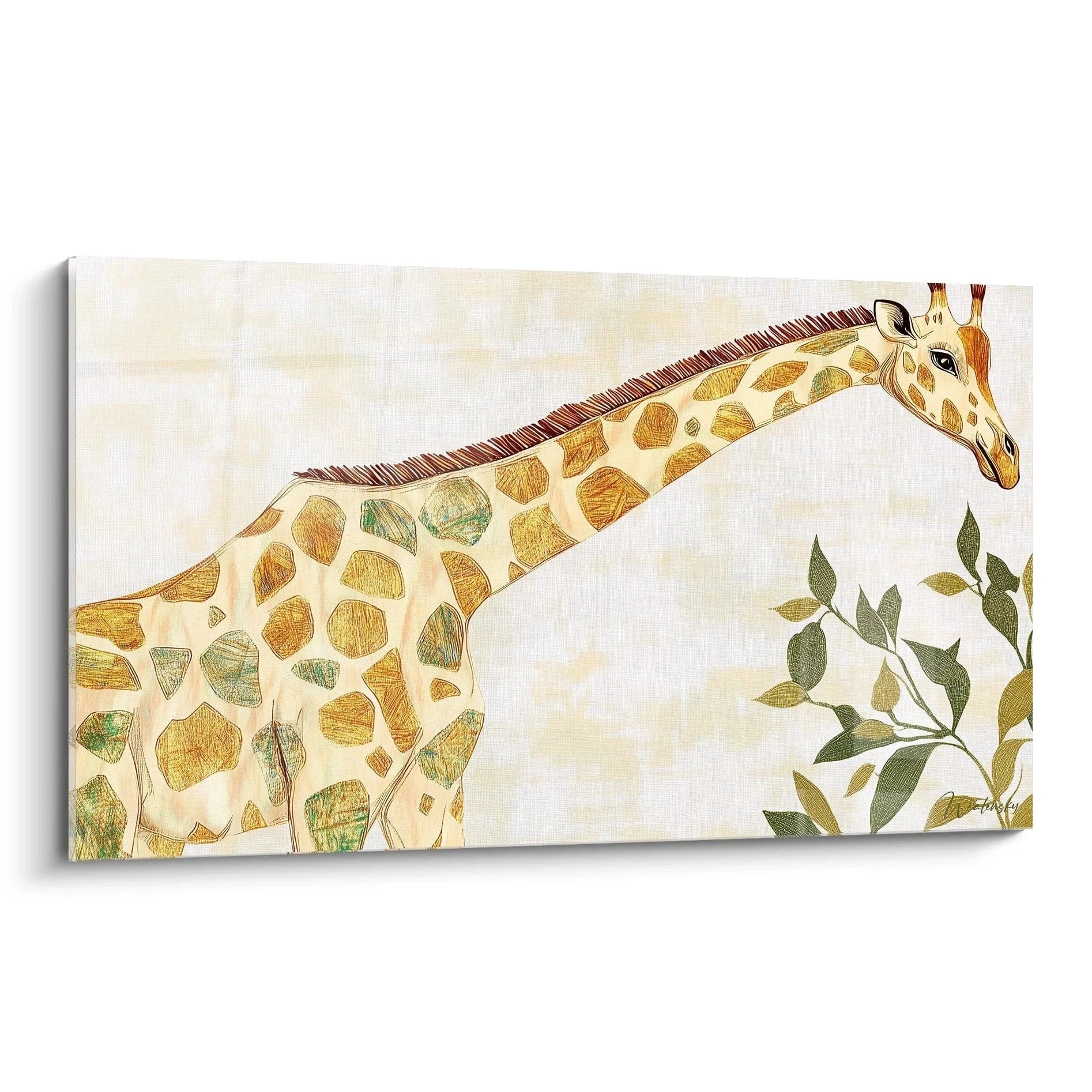 Wandbild Giraffe in eleganter Darstellung mit Blättern auf cremefarbenem Hintergrund - Edition Giraffe Wanddekoration