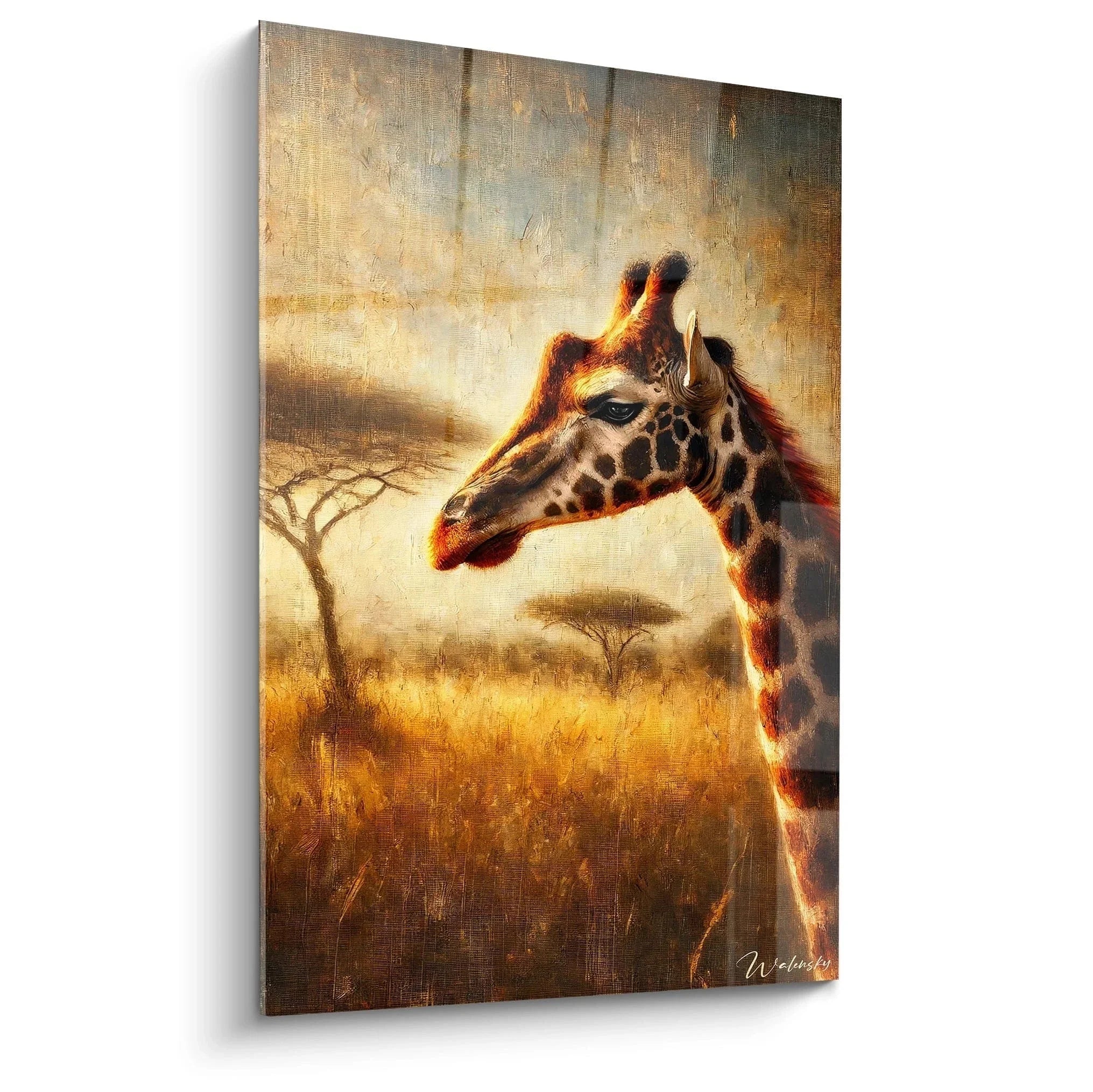 Wandbild Giraffe in goldener Savanne mit Schirmakazien - Premium Kunstdruck XXL Afrika Tierwelt