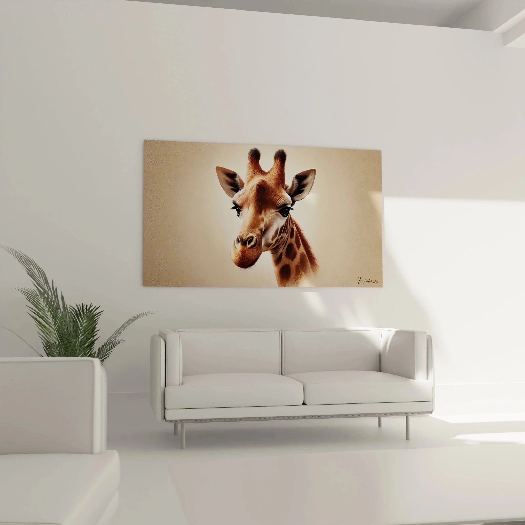 Detailaufnahme Wandbild Giraffe zeigt realistische Fellzeichnung und ausdrucksstarke Augen