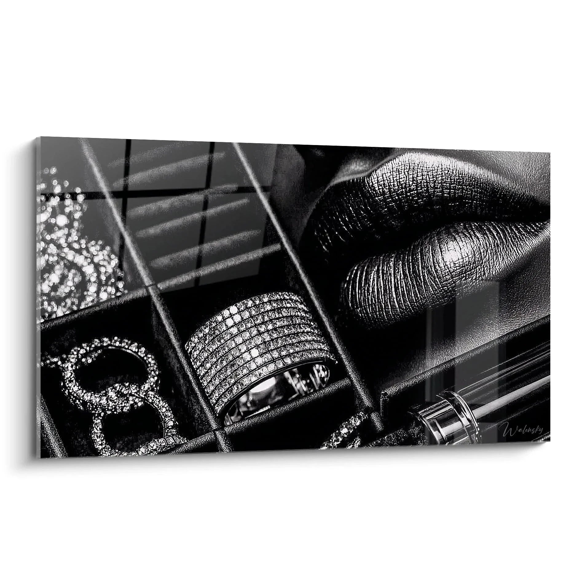 Wandbild Glamour Accessoires mit luxuriösen Schmuckstücken in eleganter schwarz-weiß Darstellung