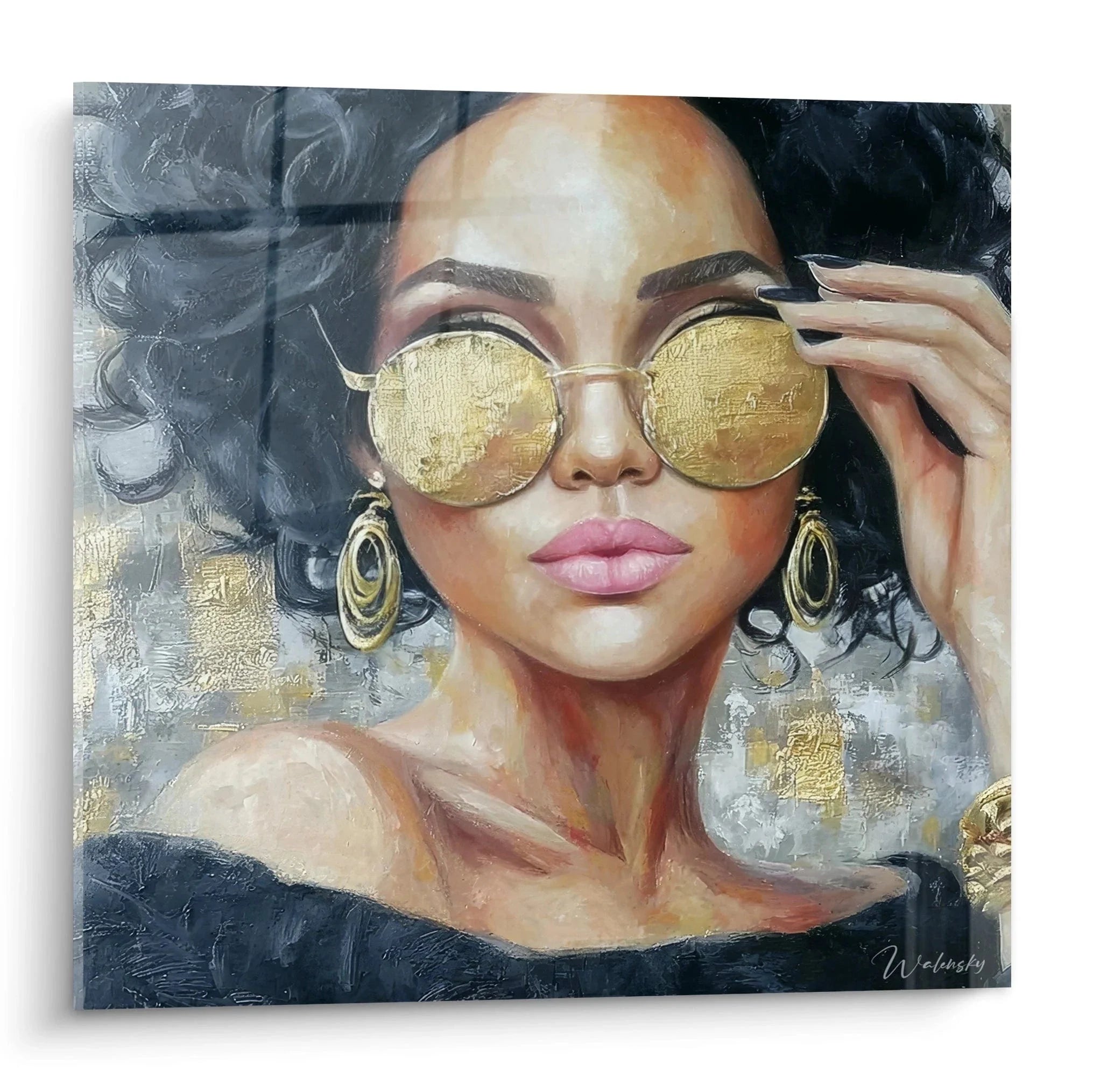 Wandbild glamouröse Frau mit goldener Sonnenbrille und eleganten Ohrringen - Edition Mode-Gesicht