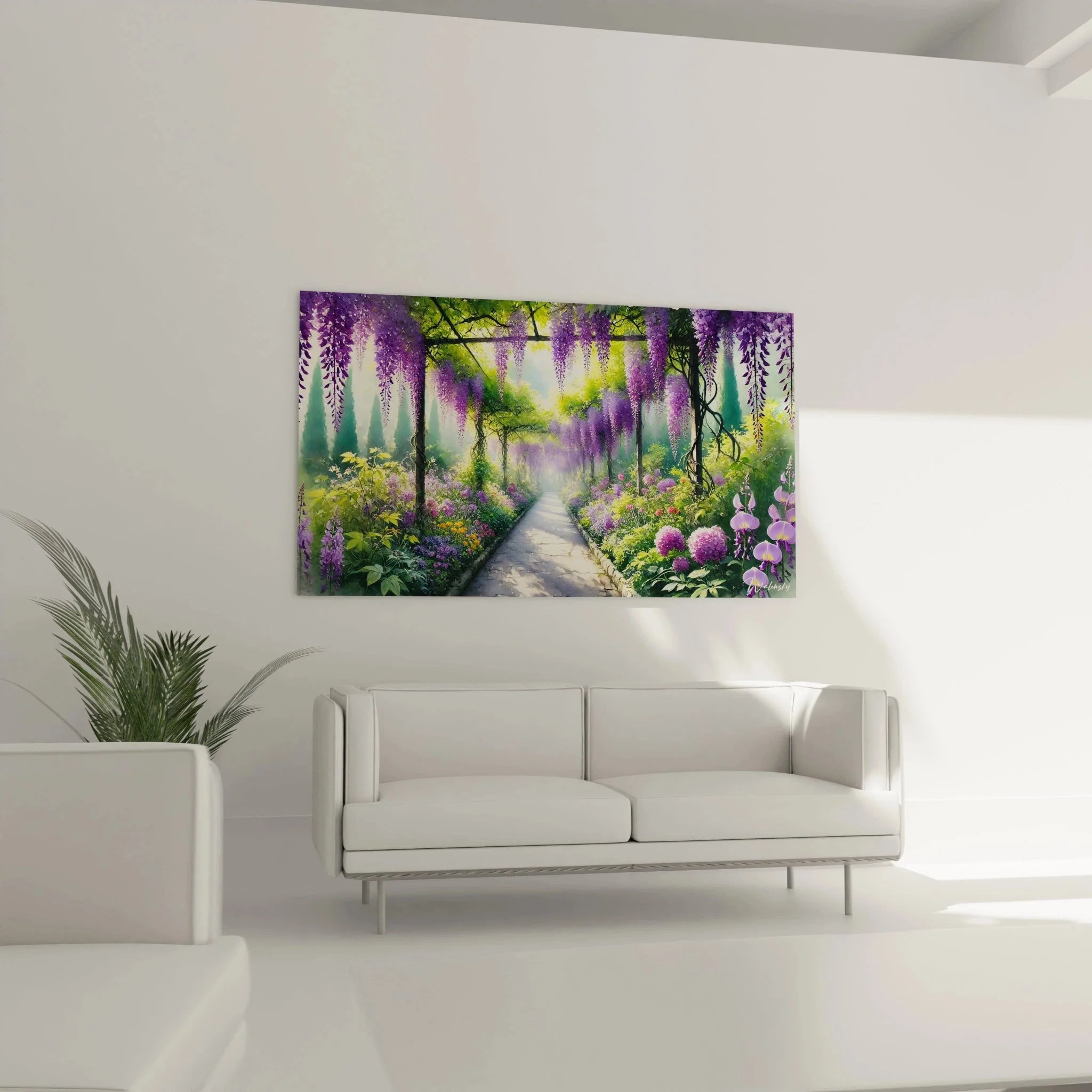 Detailaufnahme Wandbild Glyzinien Blüten mit violetten Wisteria und bunten Frühlingsblumen