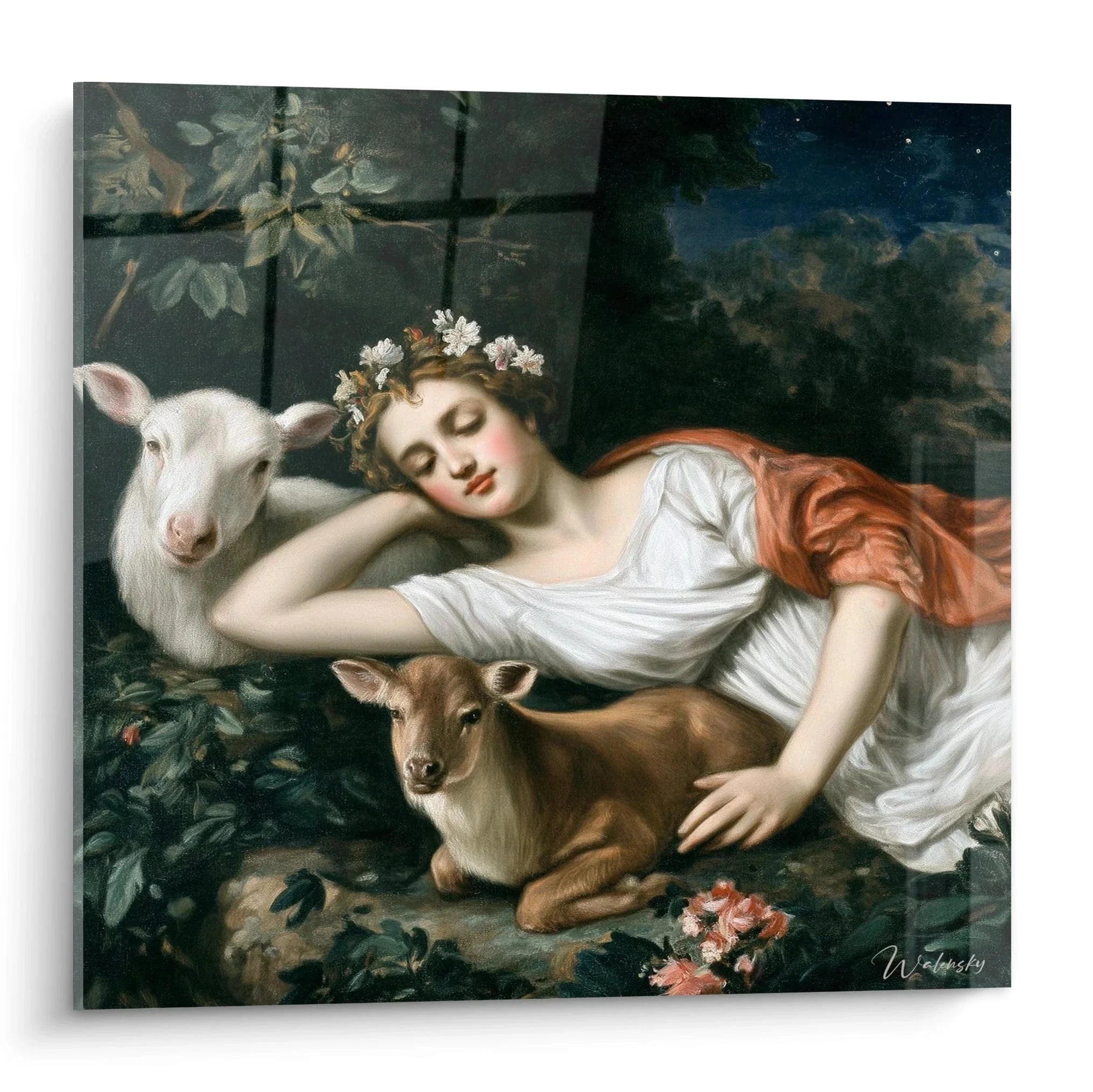 Wandbild neoklassische Göttin schlafend mit weißem und braunem Kalb, Blütenkranz, pastorale Idylle