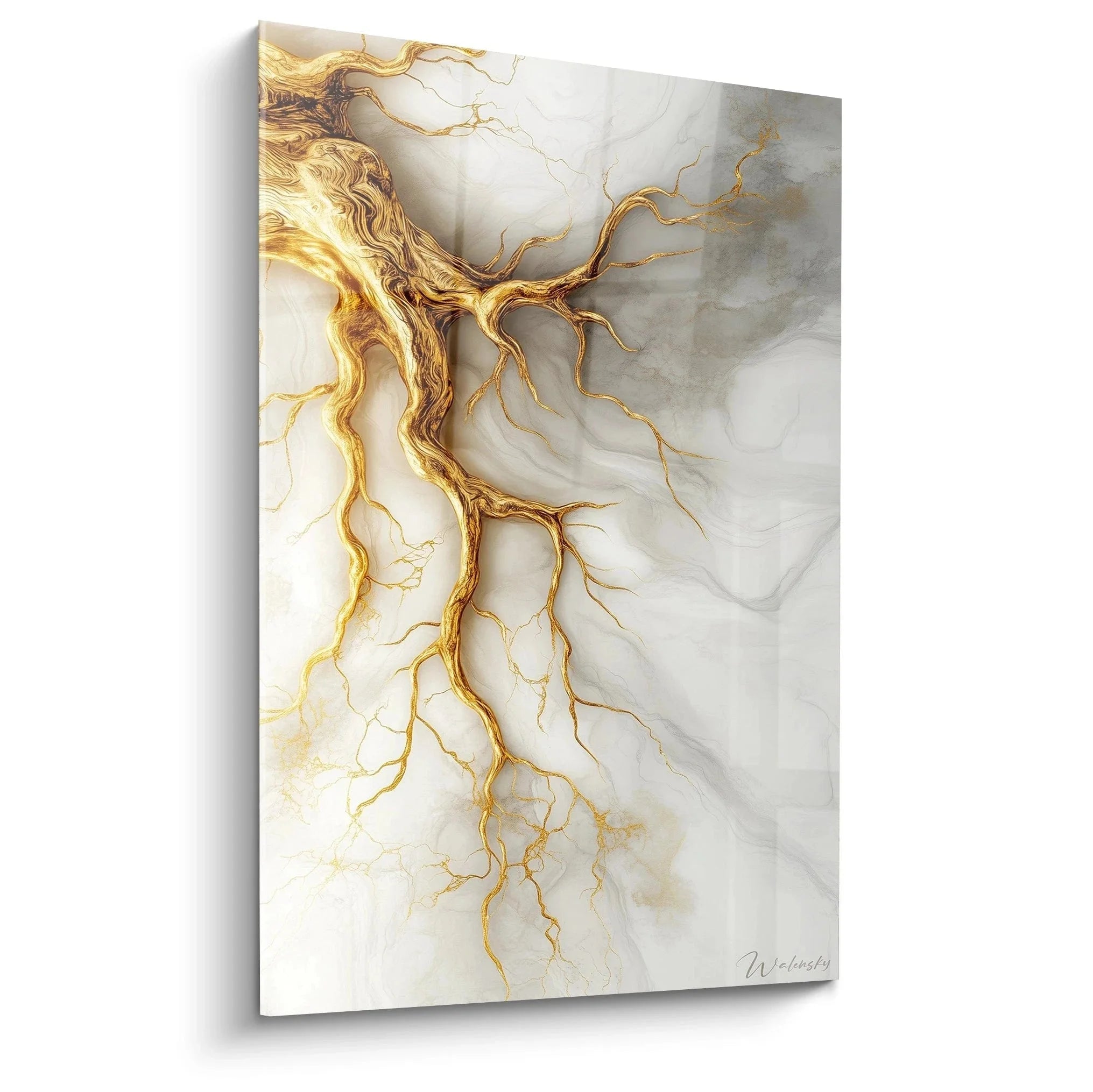 Wandbild goldene Blitze abstrakt mit elektrischer Energie in Gold und Grau moderne Kunst XXL