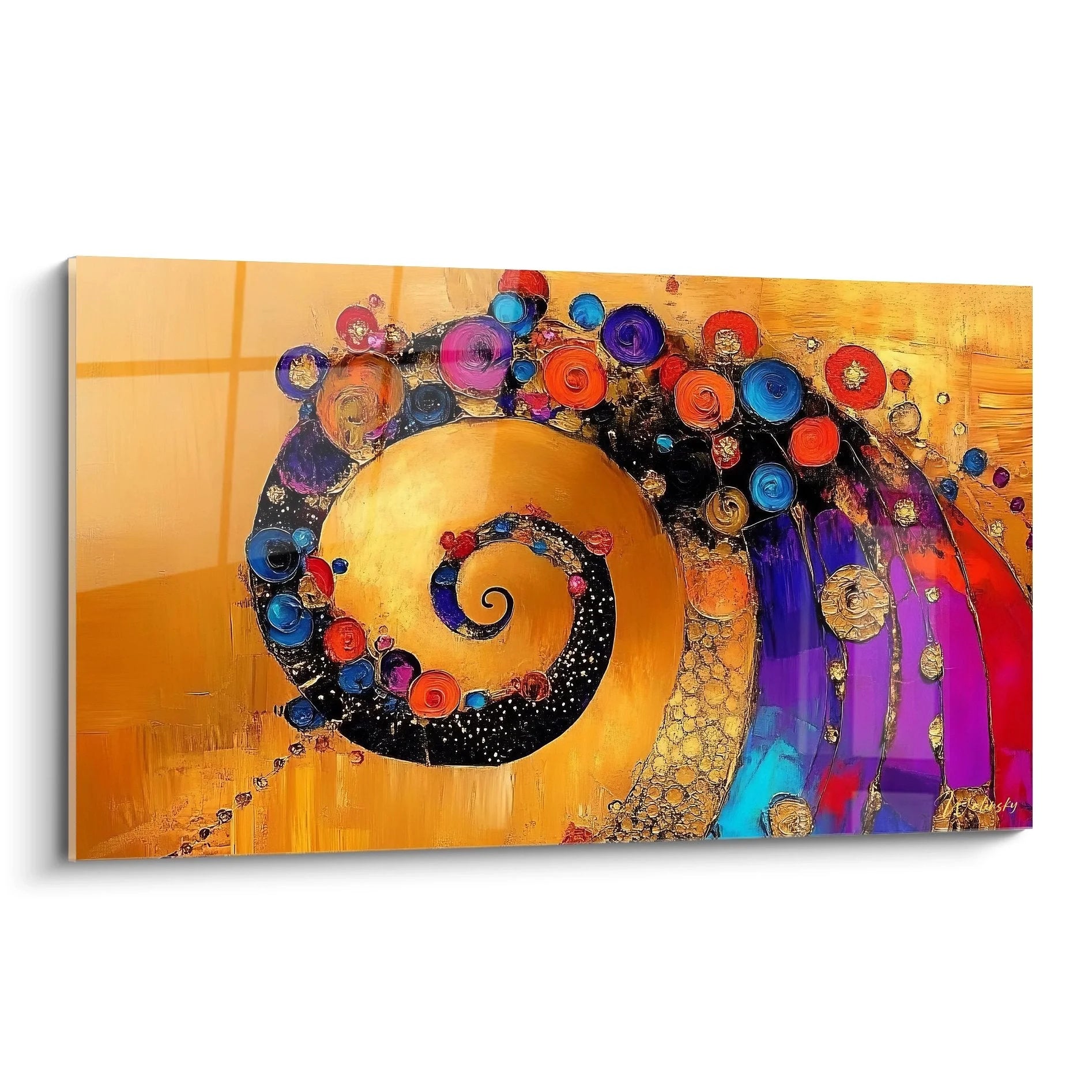 Wandbild goldene Spirale mit bunten Kreisen auf warmem Hintergrund - abstrakte Spiralen Kunst