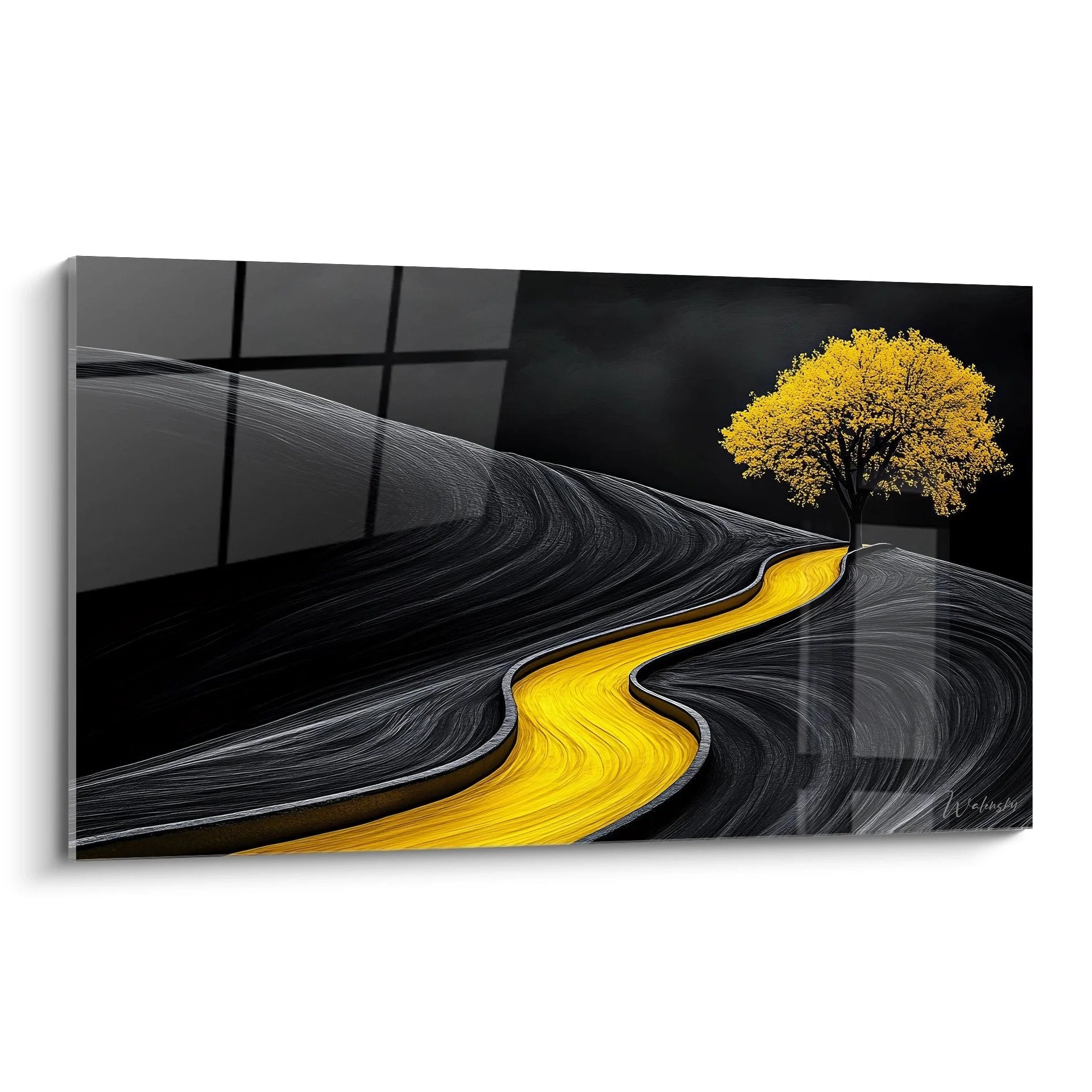 Wandbild Goldener Pfad - Abstrakte Landschaft mit gelbem Weg und Baum auf dunklem Hintergrund