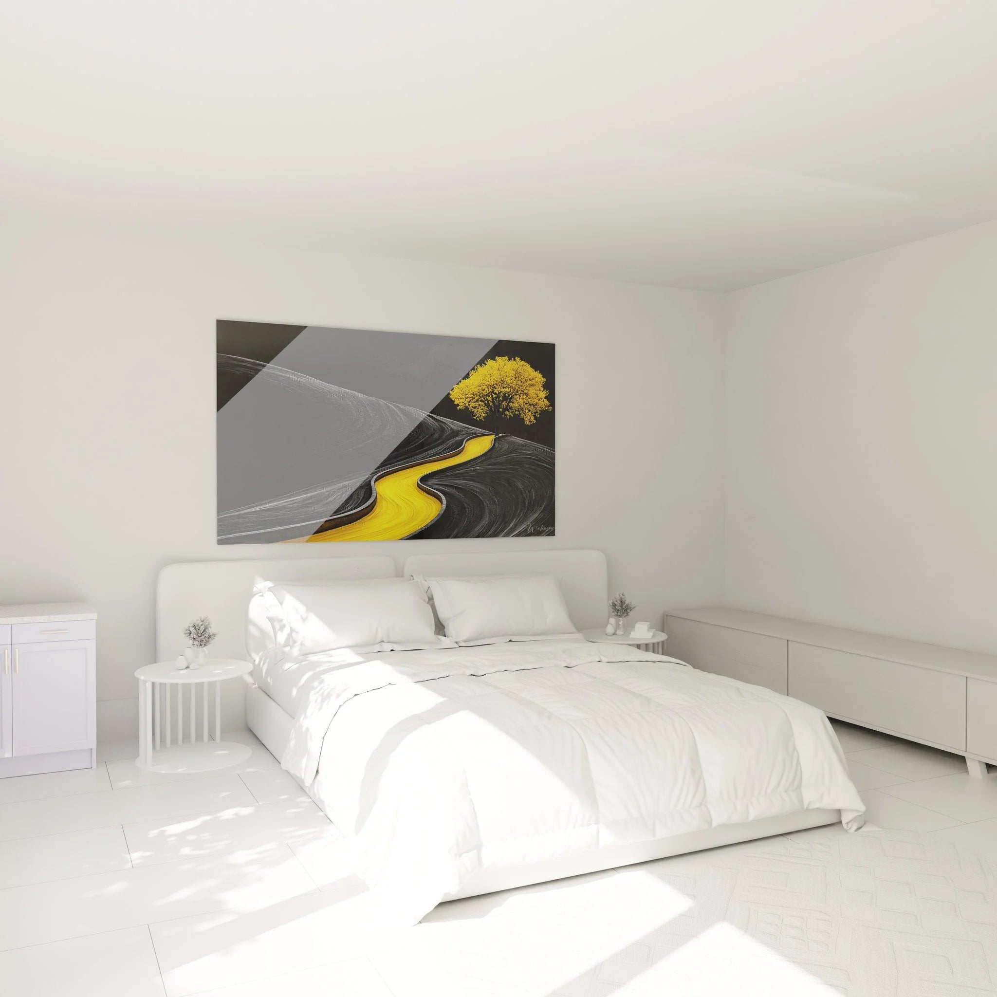 Wandbild Goldener Pfad im Schlafzimmer - Moderne abstrakte Landschaftskunst als Wanddekoration