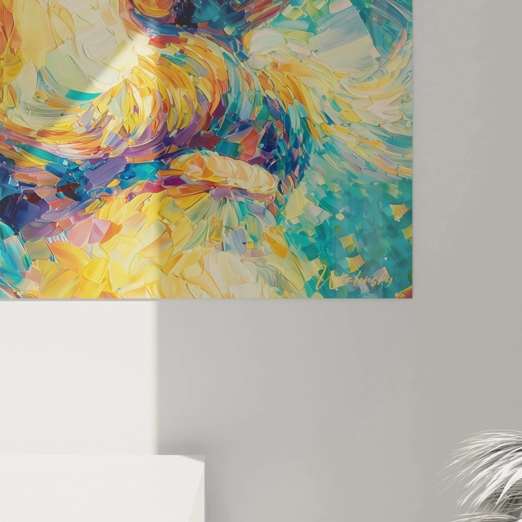 Wandbild Goldkarpfen Gesamtansicht pointillistische Technik Wasser Bewegung bunte Farbpalette Raumansicht