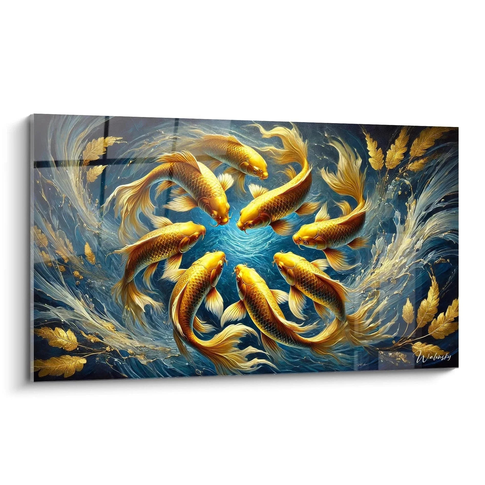 Wandbild Goldkarpfen Schwarm in kreisförmigem Wasserstrudel, goldene Farben, Premium Leinwanddruck