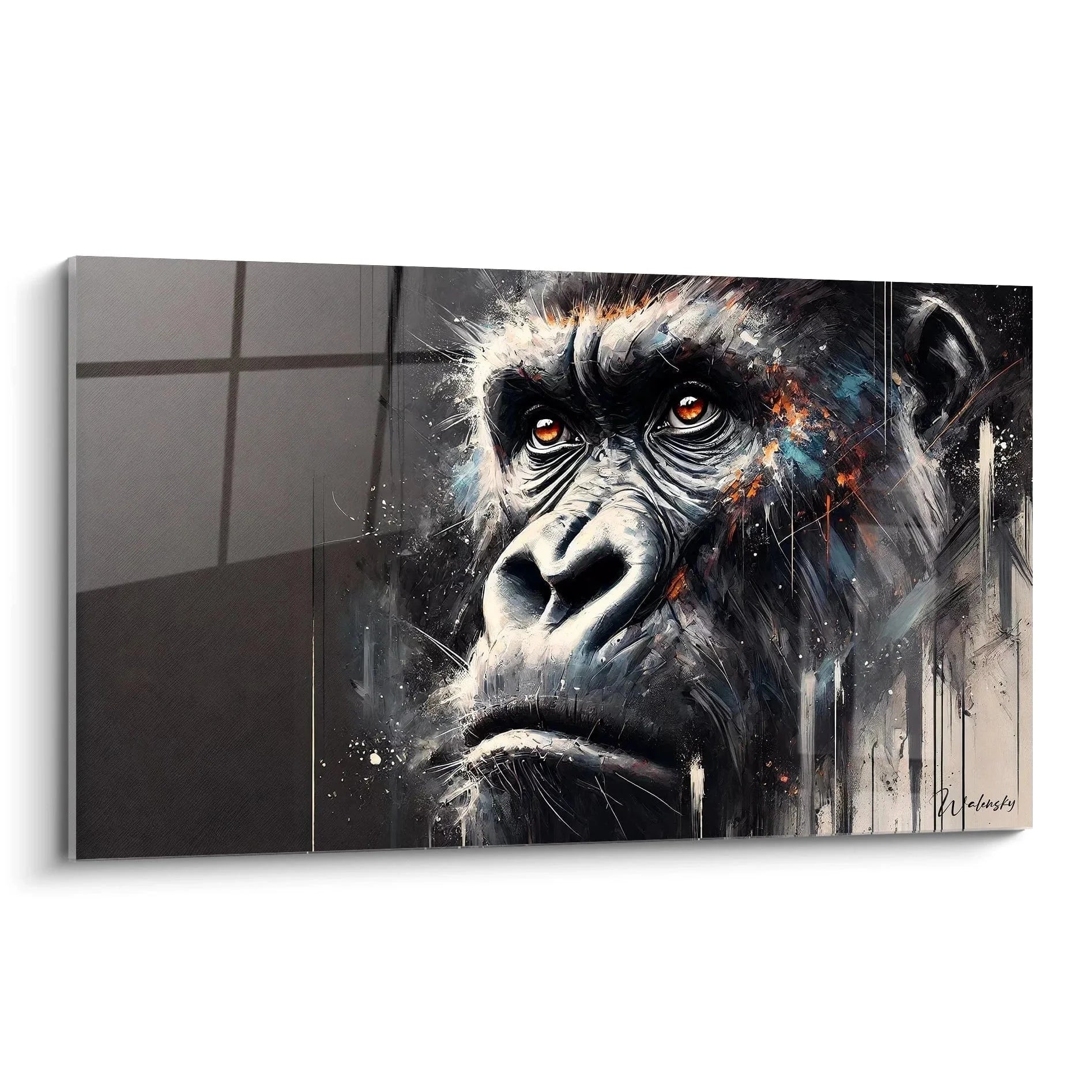 Expressives Wandbild Gorilla Silberrücken mit abstrakten Farbelementen - moderne Tierkunst Leinwanddruck