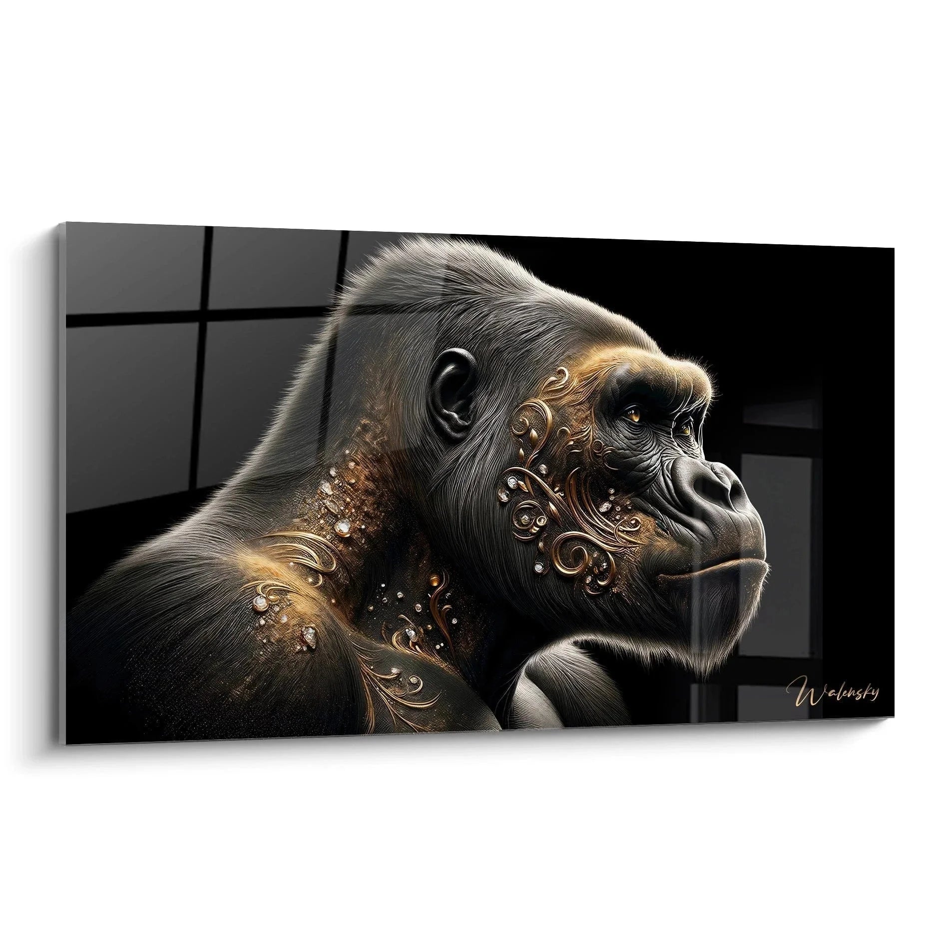Wandbild Gorilla Portrait mit goldenen Ornamenten - Majestätischer Affe Kunstdruck XXL
