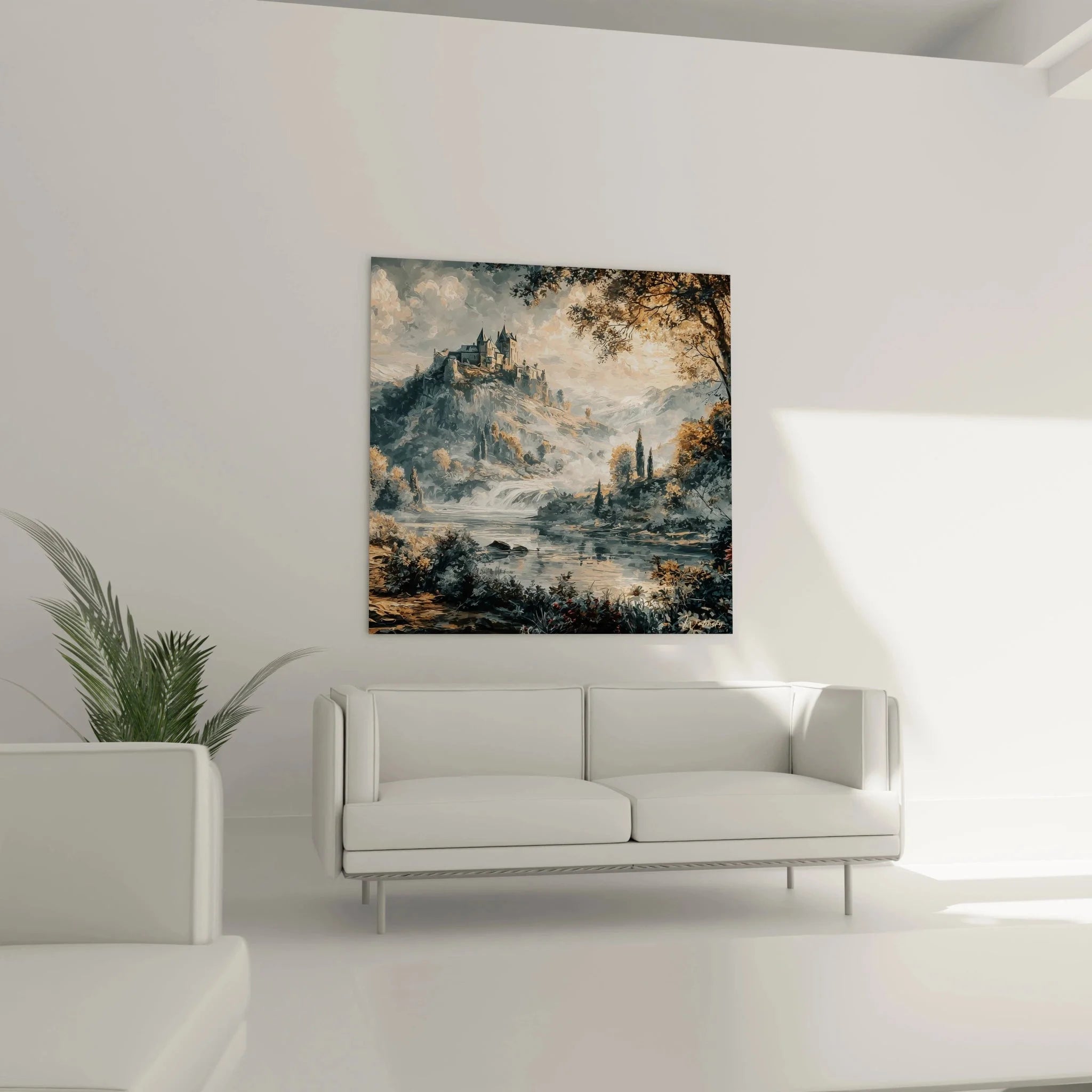 Detailansicht gotisches Wandbild - mittelalterliche Burgarchitektur mit herbstlicher Landschaft