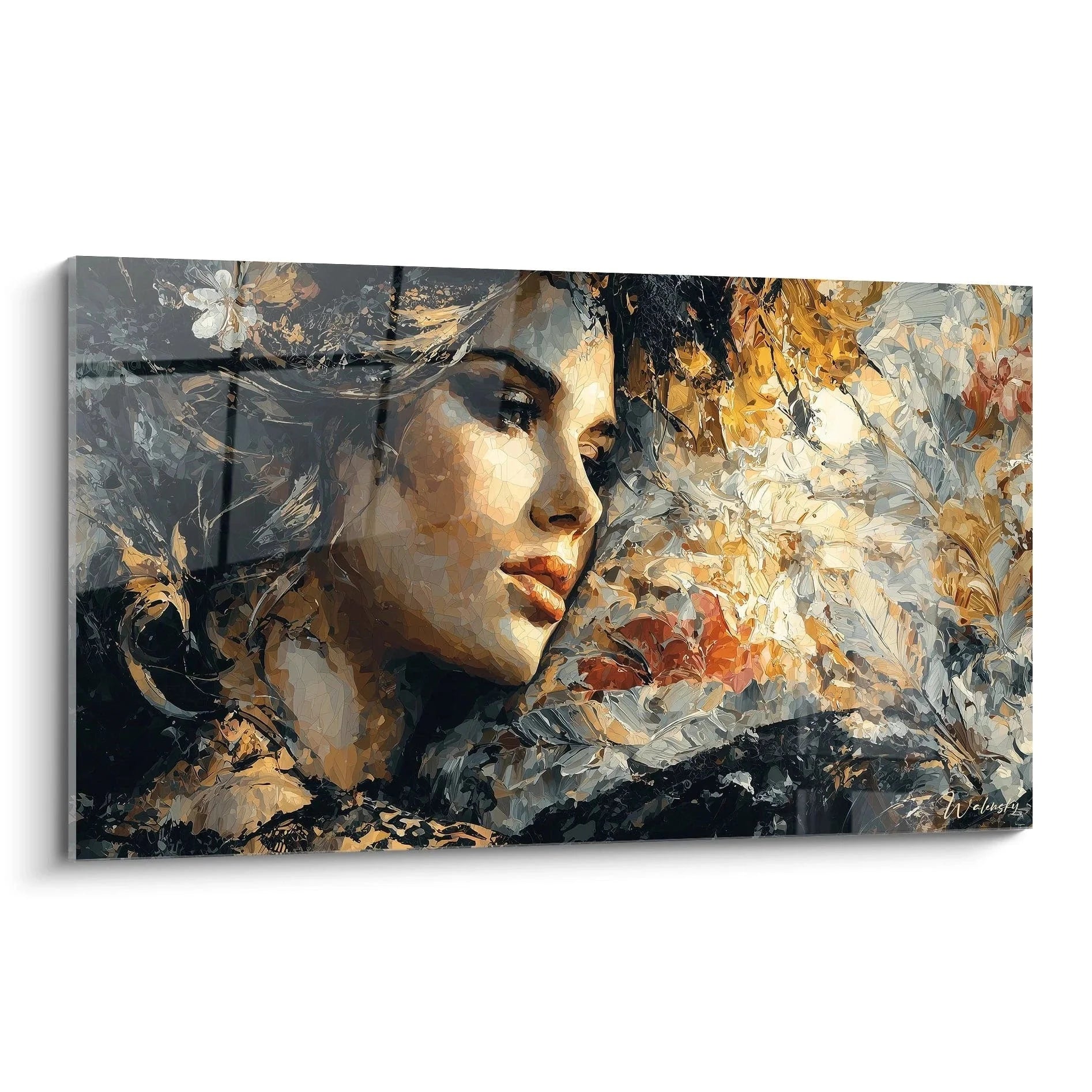 Gotisches Wandbild einer mystischen Frau mit Blumen in warmen Erdtönen - Edition Gotik Wandkunst