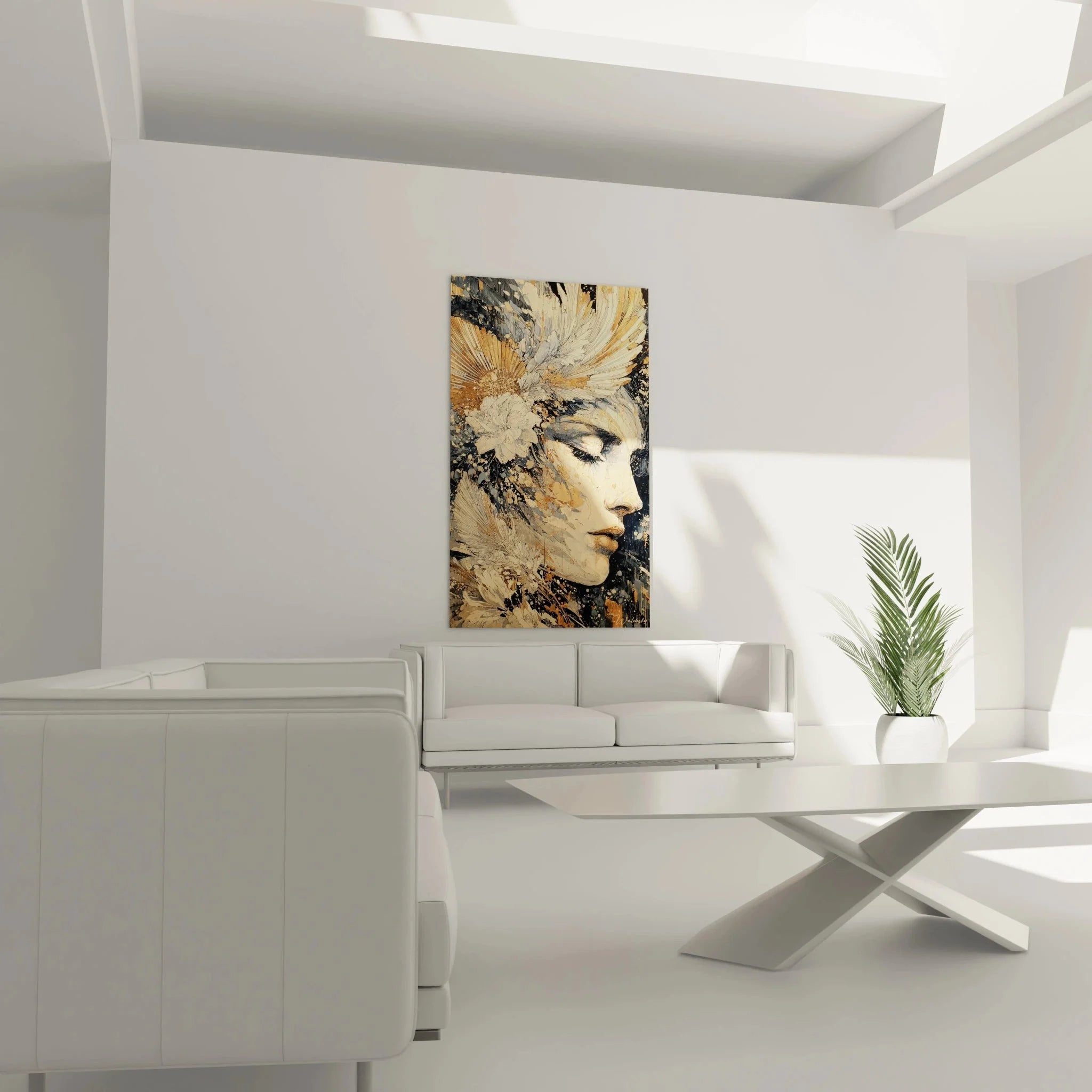 Detailansicht Wandbild gotische Frau - Kunstvolle Blütenelemente und warme Farbpalette im Nahaufnahme