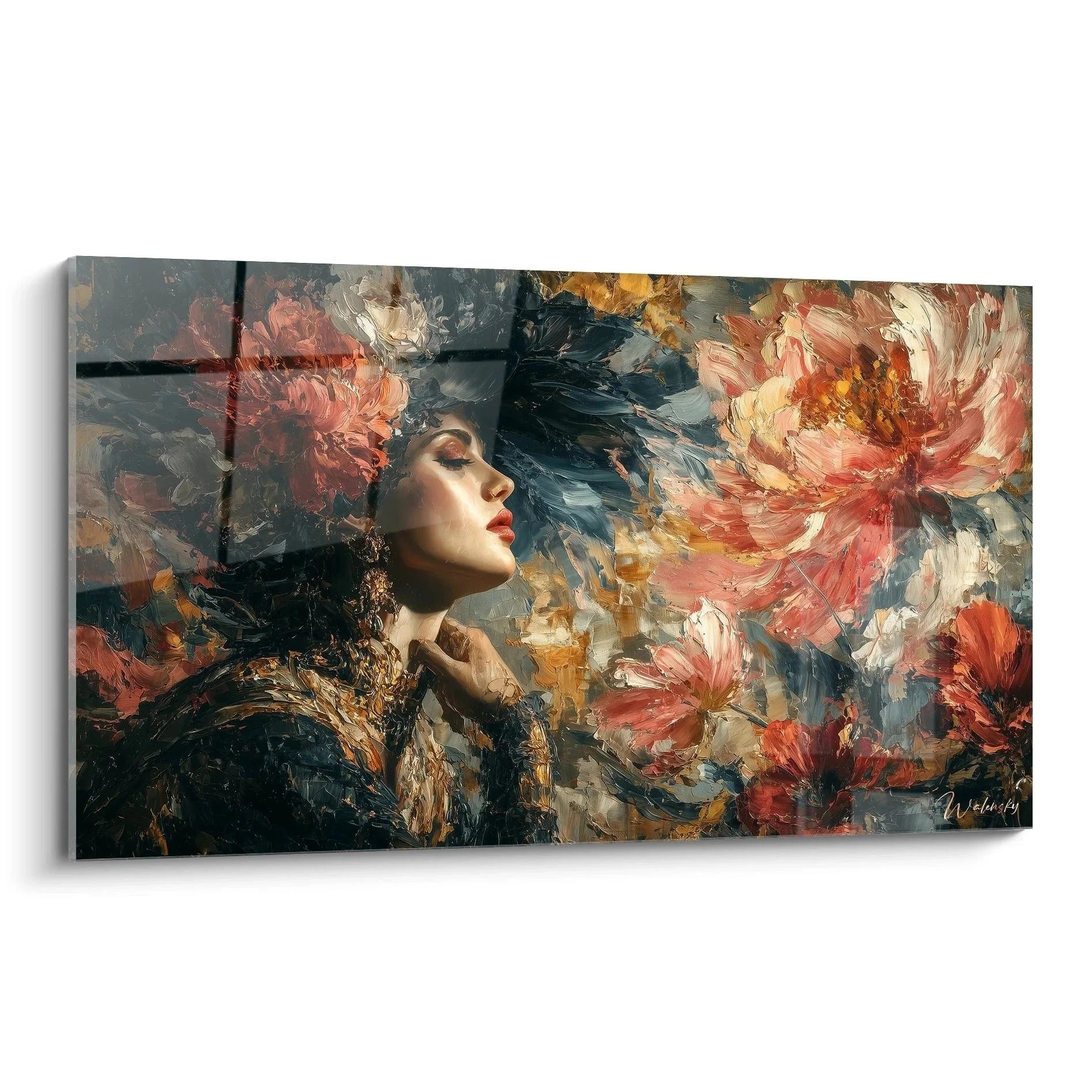 Gotisches Wandbild mystische Frau mit rosa Blüten in romantischer Pose - Edition Gotik Kunstwerk