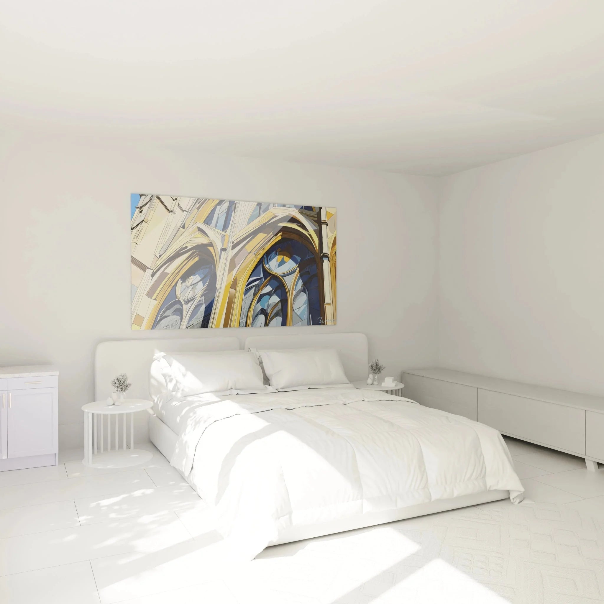 Gotisches Kathedrale Wandbild XXL in elegantem Schlafzimmer, warme Farbtöne, Claude Monet Stil