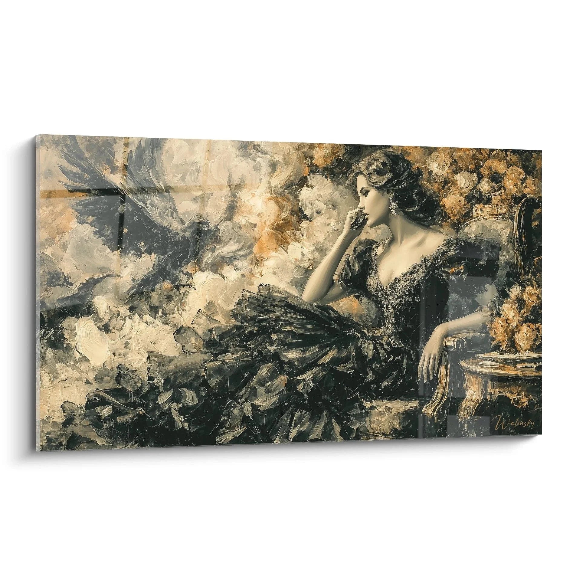 Wandbild gotische Dame mit Rabe in schwarzem Kleid, mystische Gothic Wanddeko mit goldenen Rosen