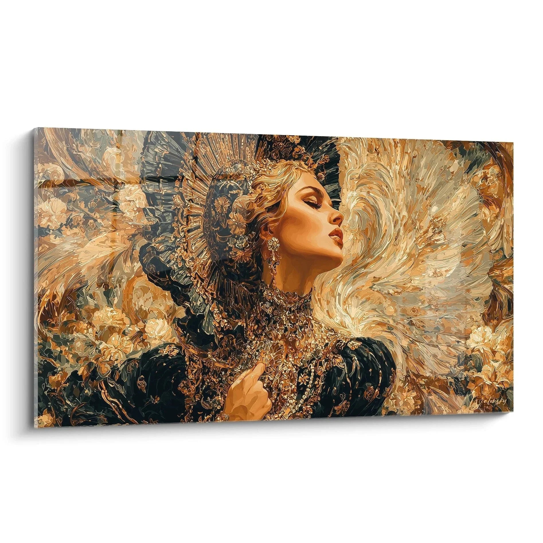 Wandbild gotische Engelsfrau mit goldenen Flügeln und ornamentaler Kleidung im Gothic Style