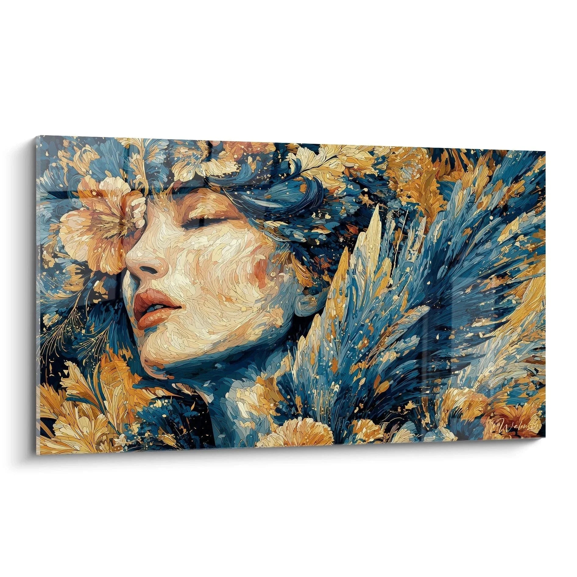 Gotisches Wandbild einer Frau mit blauen und goldenen Blumen im mystischen Stil - Edition Gotik