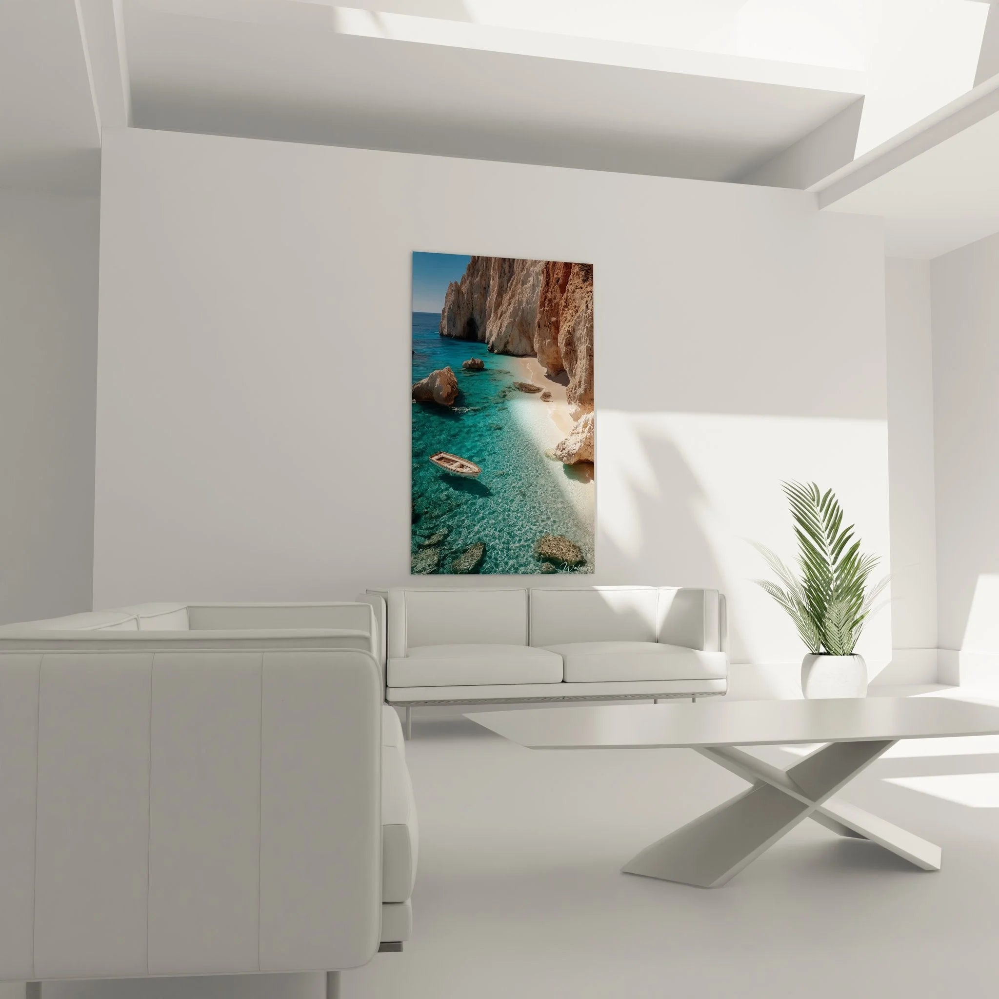 Detailansicht Wandbild Griechenland, kristallklares türkisblaues Wasser mit Holzboot und weißen Felsen