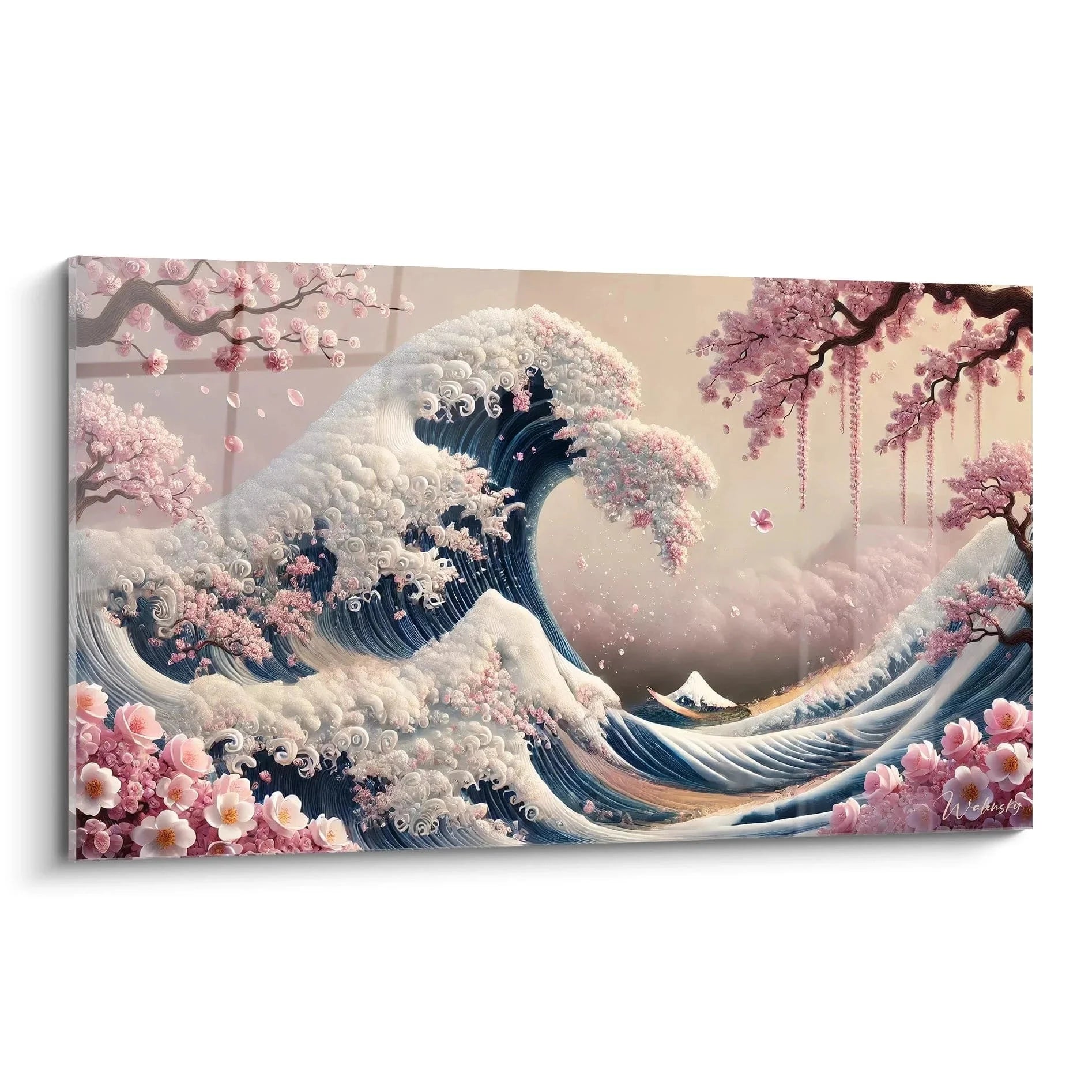 Wandbild große Welle mit rosa Kirschblüten im japanischen Hokusai Stil, Navy-blau und rosa Farbgebung