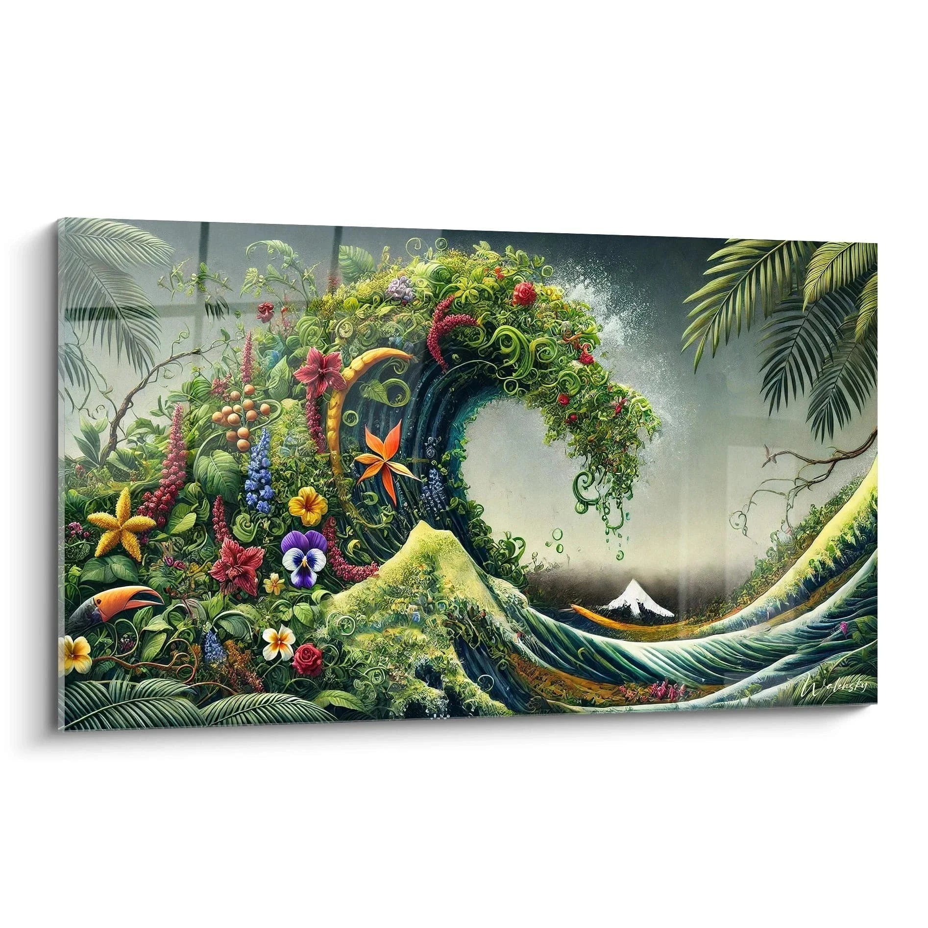 Wandbild Große Welle tropisch mit exotischen Blüten und Palmen im Hokusai Stil