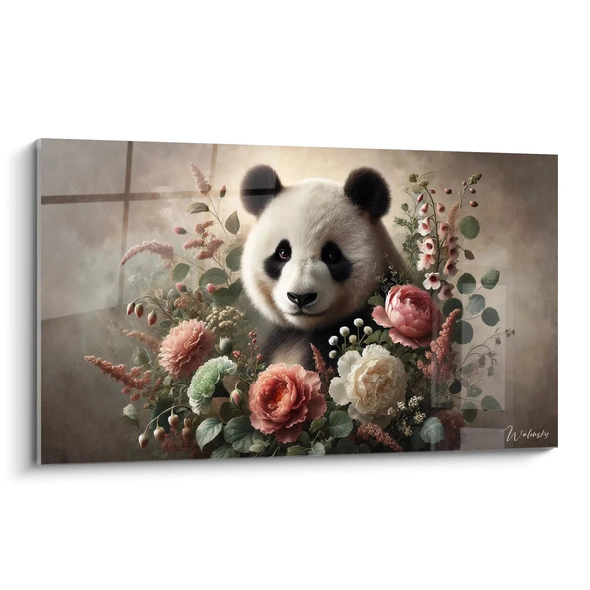 Wandbild Großer Panda mit romantischen Blumen - Vintage Kunstdruck mit Pfingstrosen und Rosen auf Leinwand