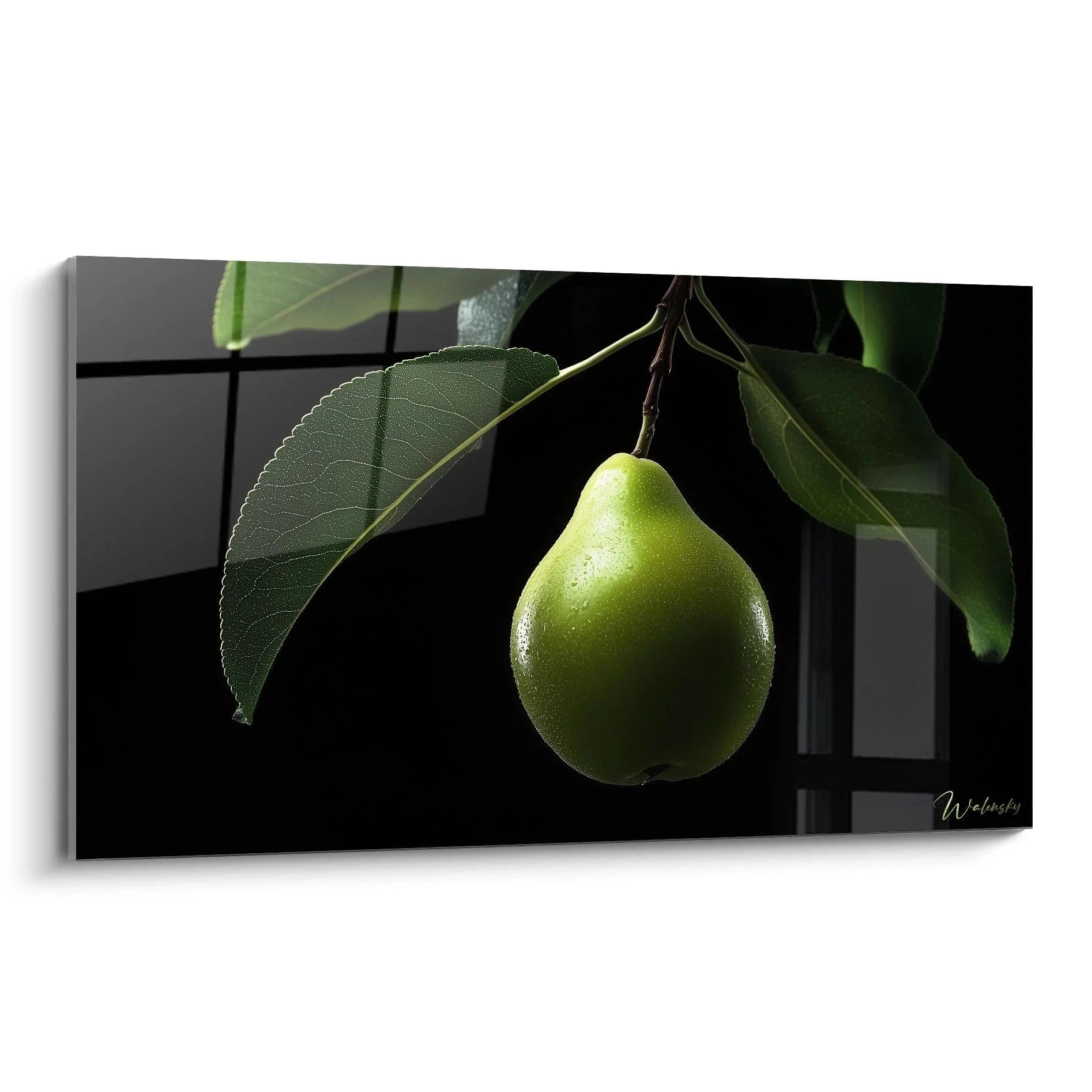 Wandbild grüne Birne am Zweig mit Wassertropfen - Premium Wanddekoration für moderne Küchen