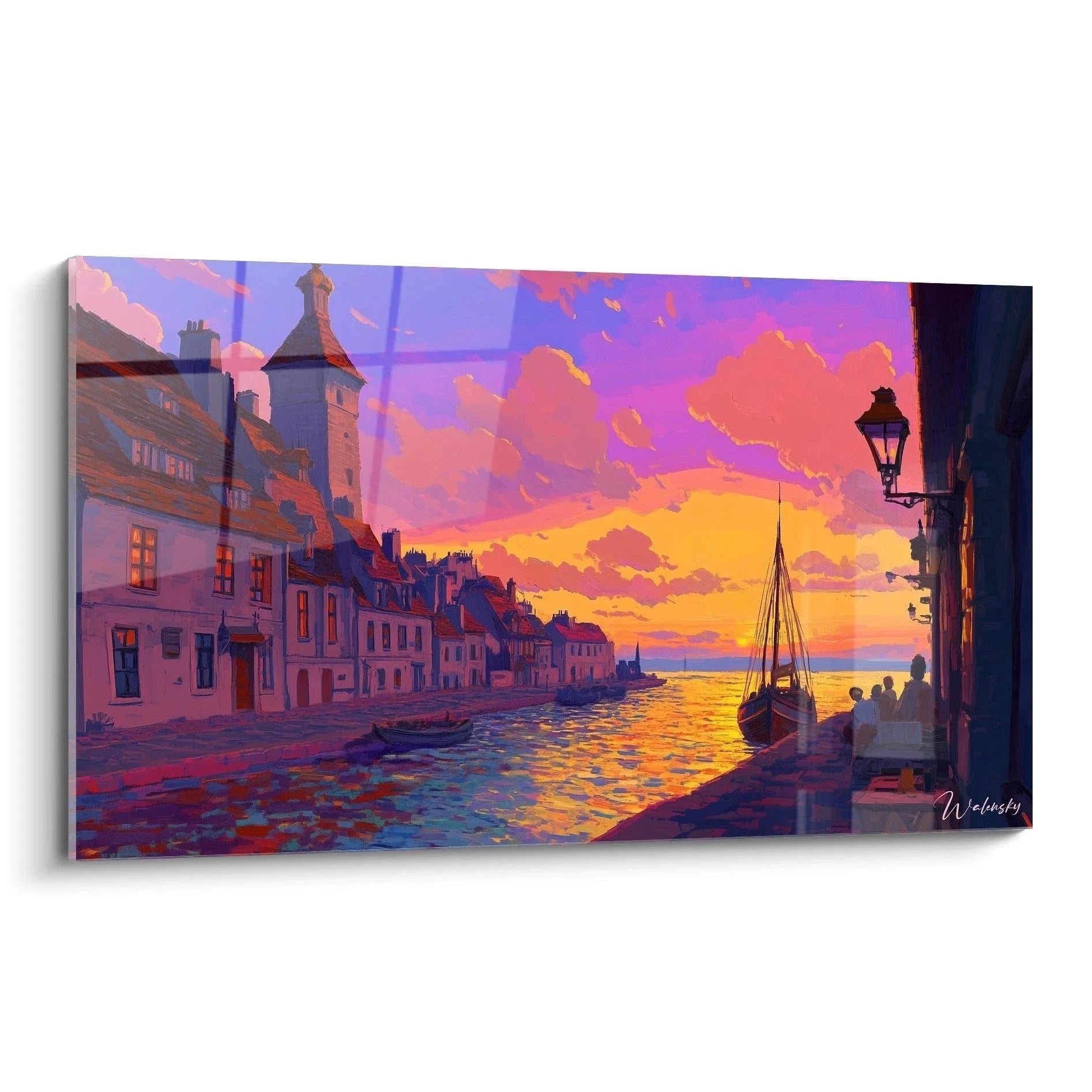 Wandbild Hafenszene Sonnenuntergang mit Küstenstadt und Segelbooten im romantischen Abendlicht Claude Joseph Vernet Stil