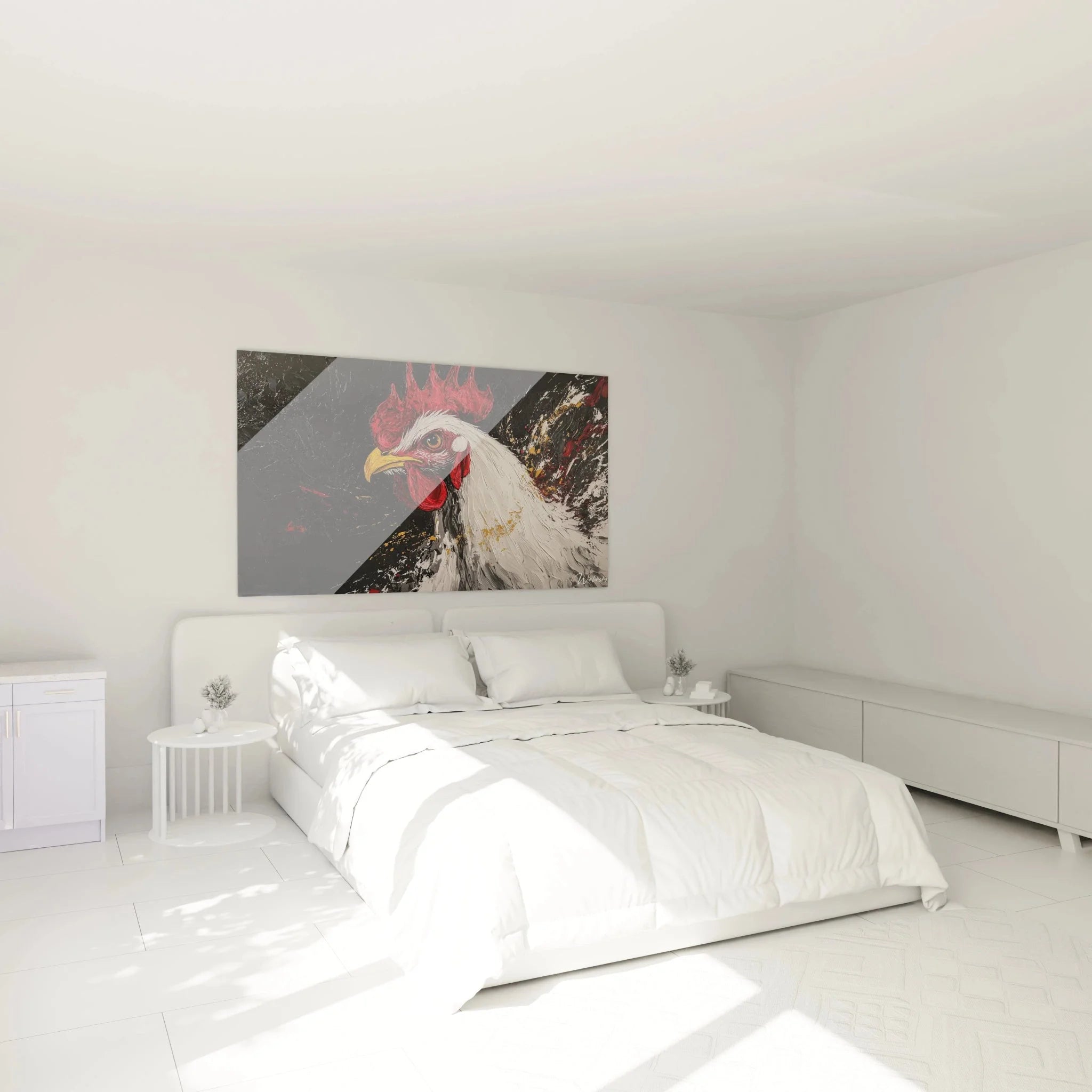 Wandbild Hahn in modernem Schlafzimmer - kraftvolle Hahn Kunst als Wanddekoration