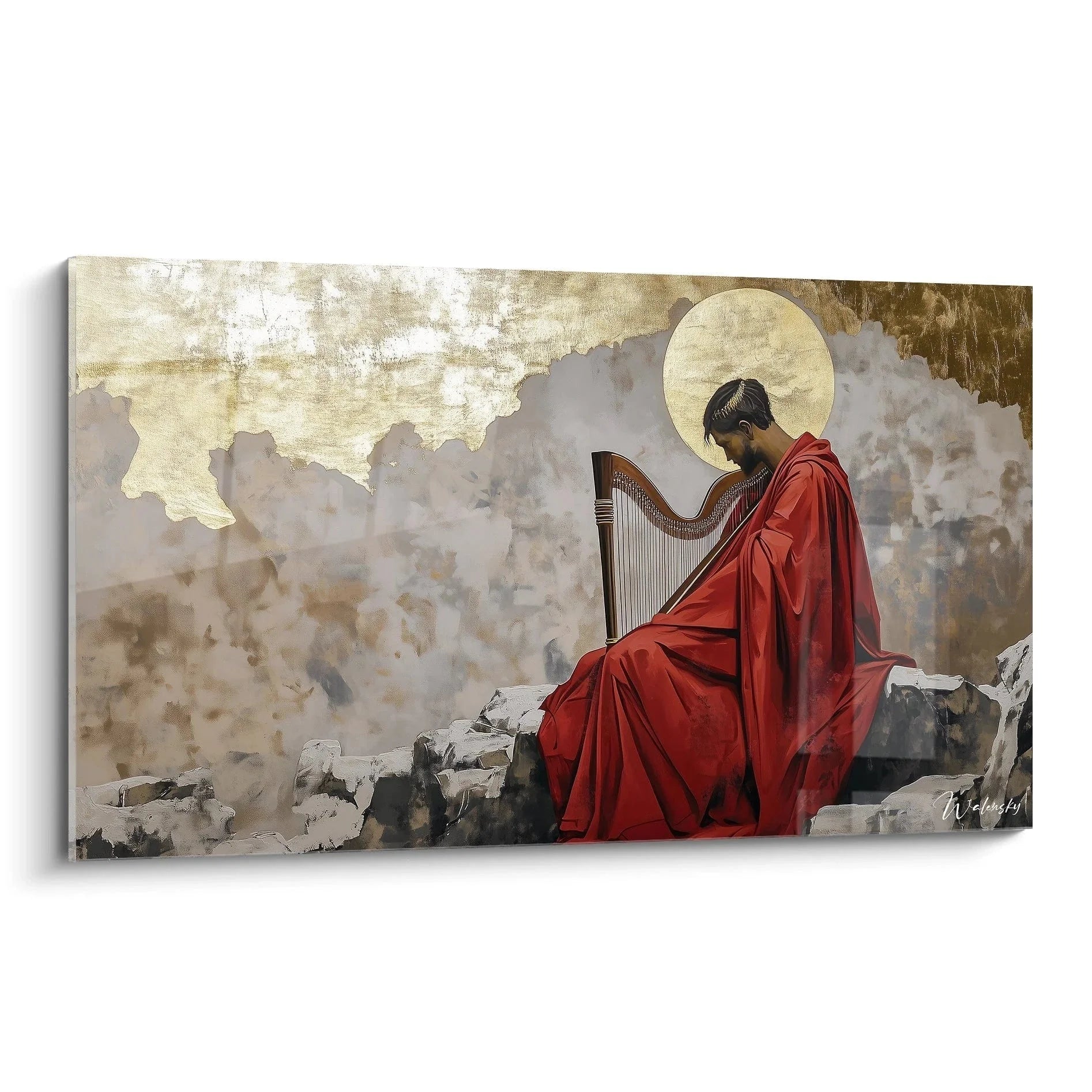 Wandbild Harfenspieler mit Heiligenschein in rotem Gewand, Edition Ingres, spirituelle Wandkunst