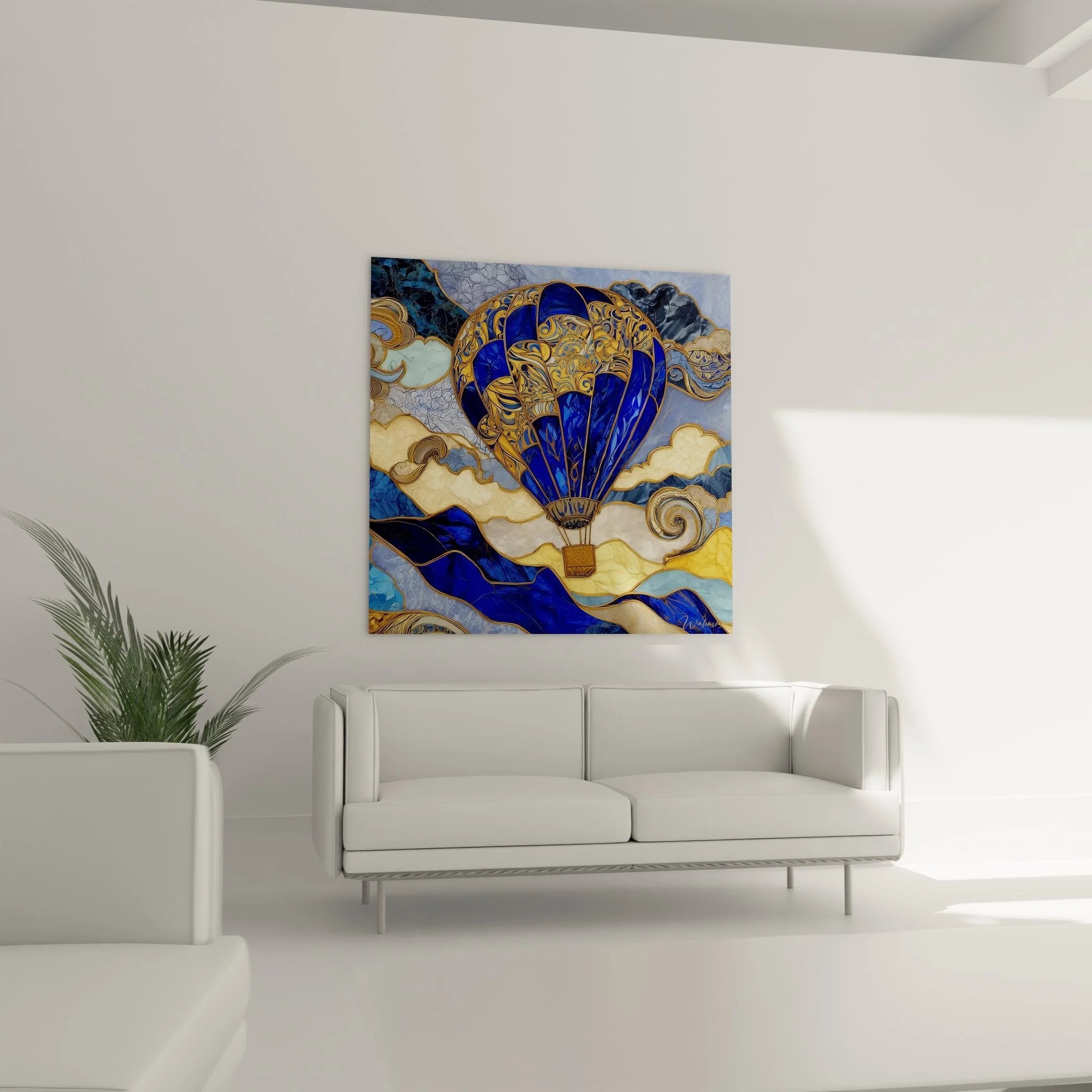 Nahaufnahme Wandbild Heißluftballon - Details der goldenen Ornamente im Buntglasfenster Stil