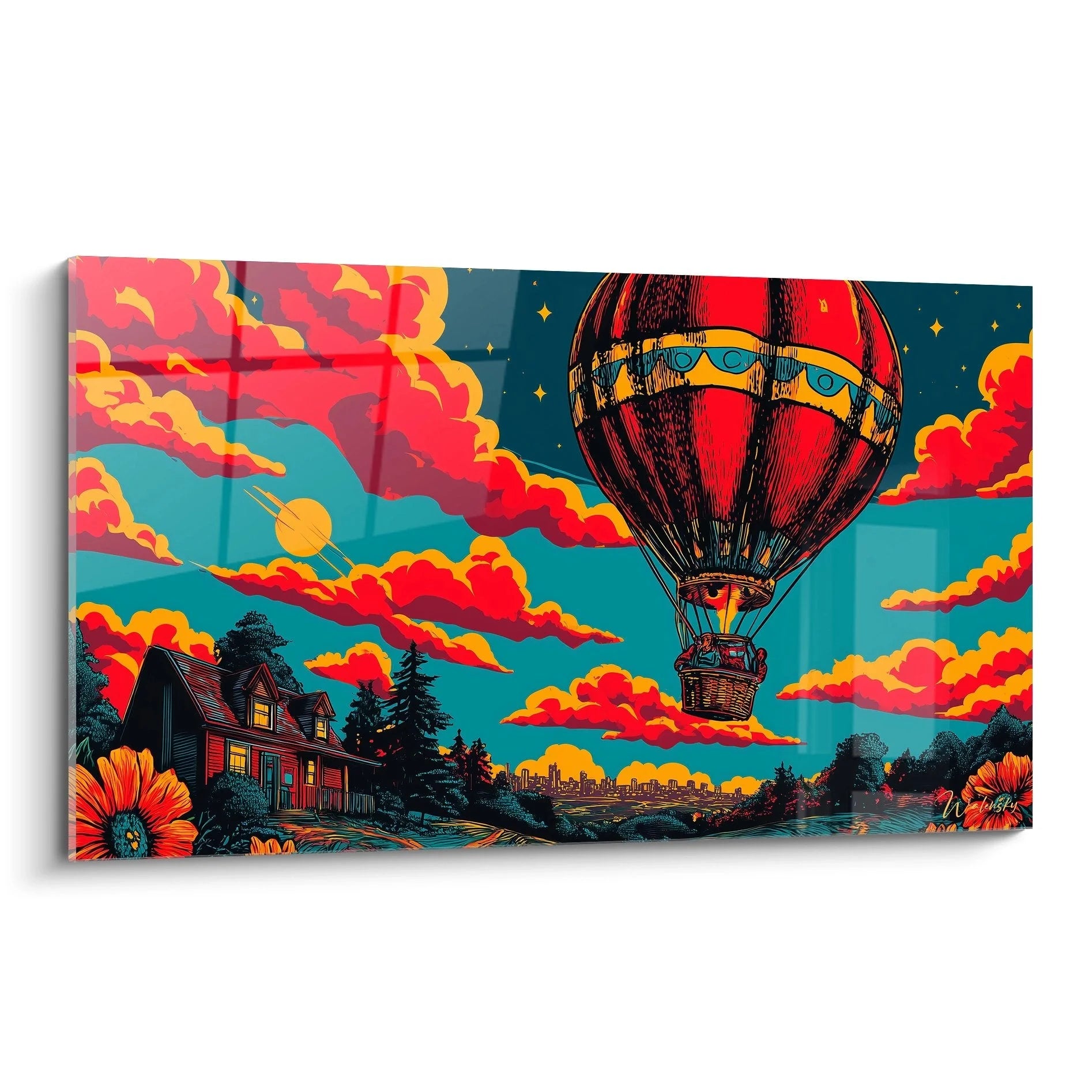 Wandbild Heißluftballon Vintage Landschaft mit dramatischen Wolken und idyllischem Landhaus, Edition Heißluftballon