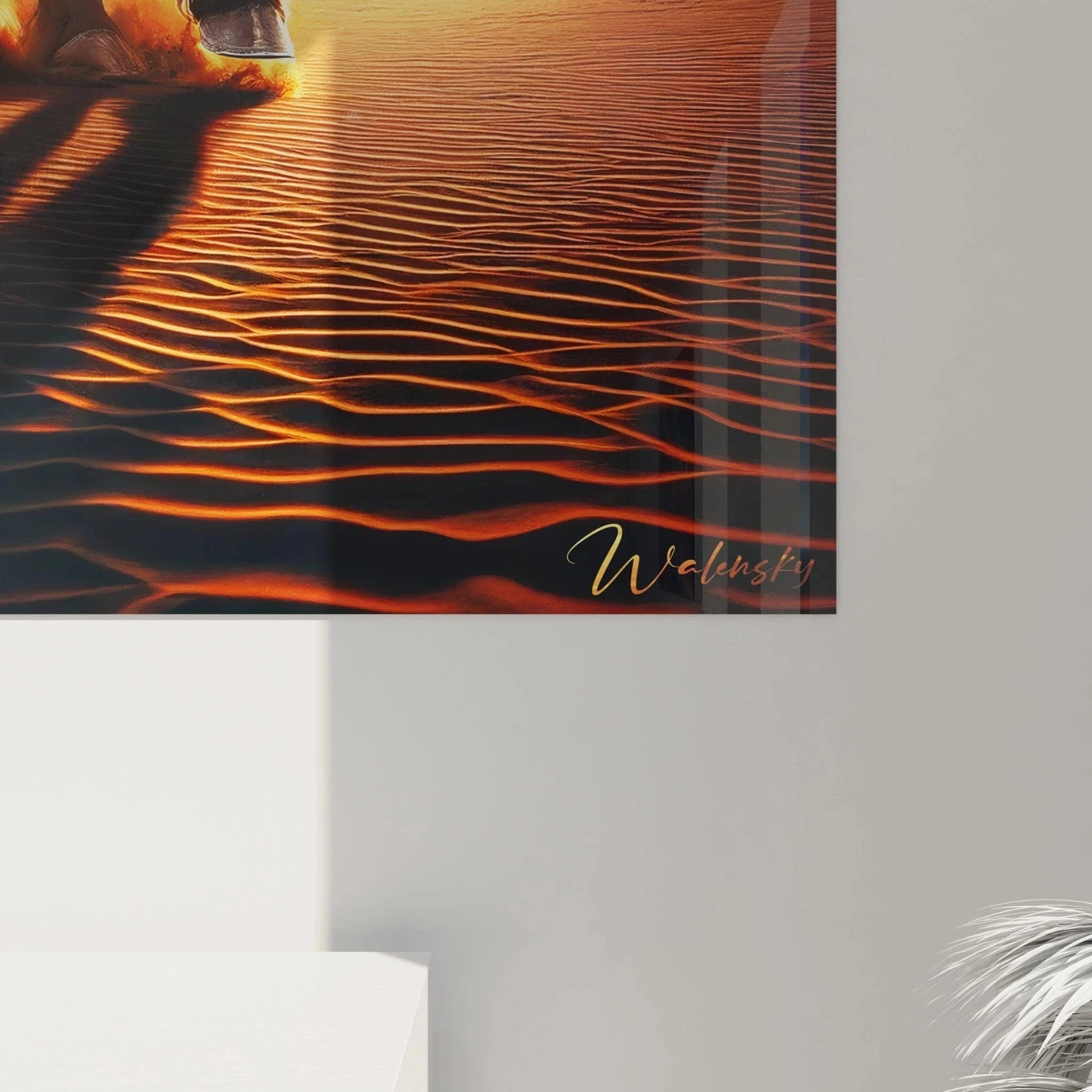 Gesamtansicht Wandbild Hengst Sonnenuntergang - schwarzes Pferd galoppiert über spiegelndes Wasser