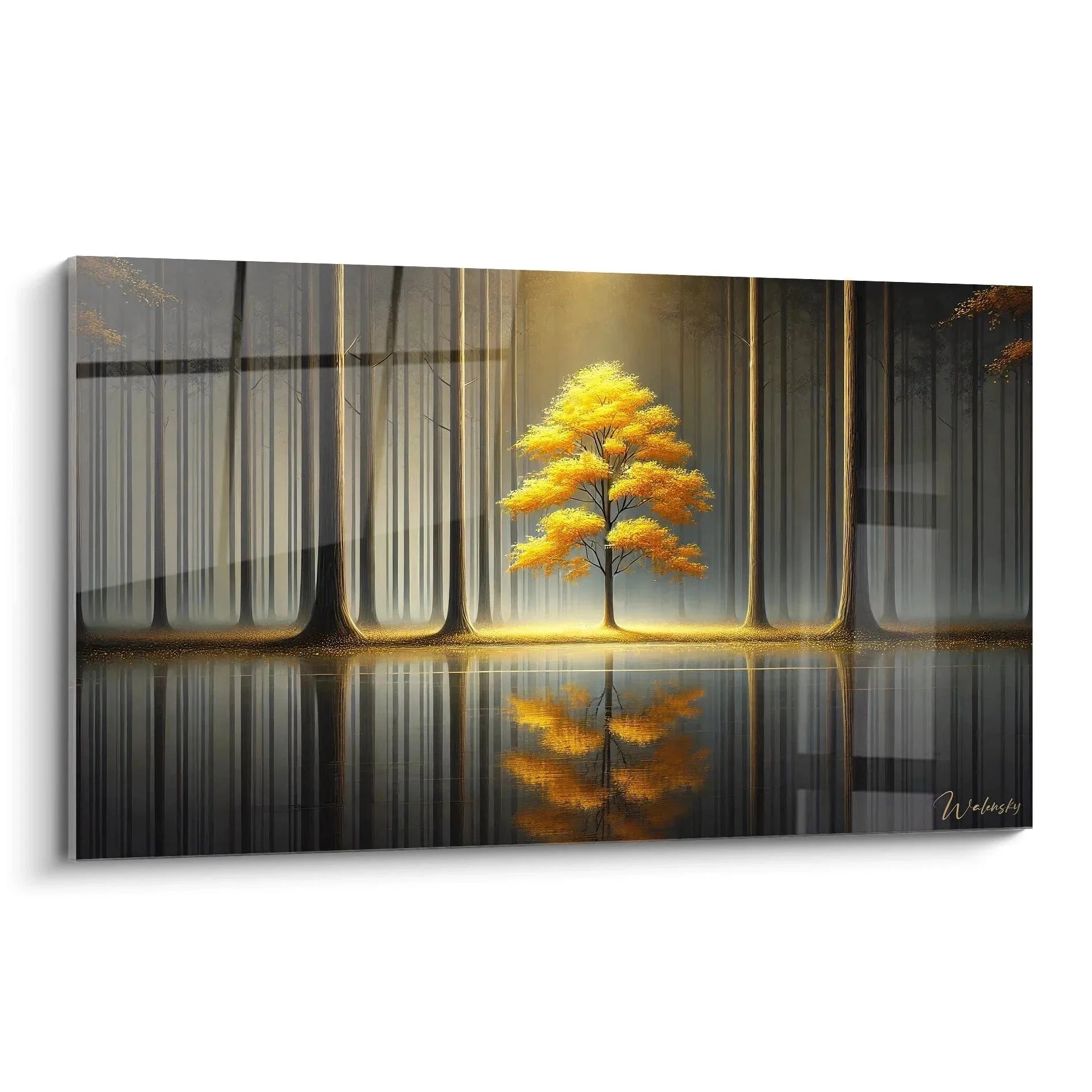 Wandbild leuchtender Herbstbaum mit goldenem Licht im Wald und Spiegelung im Wasser