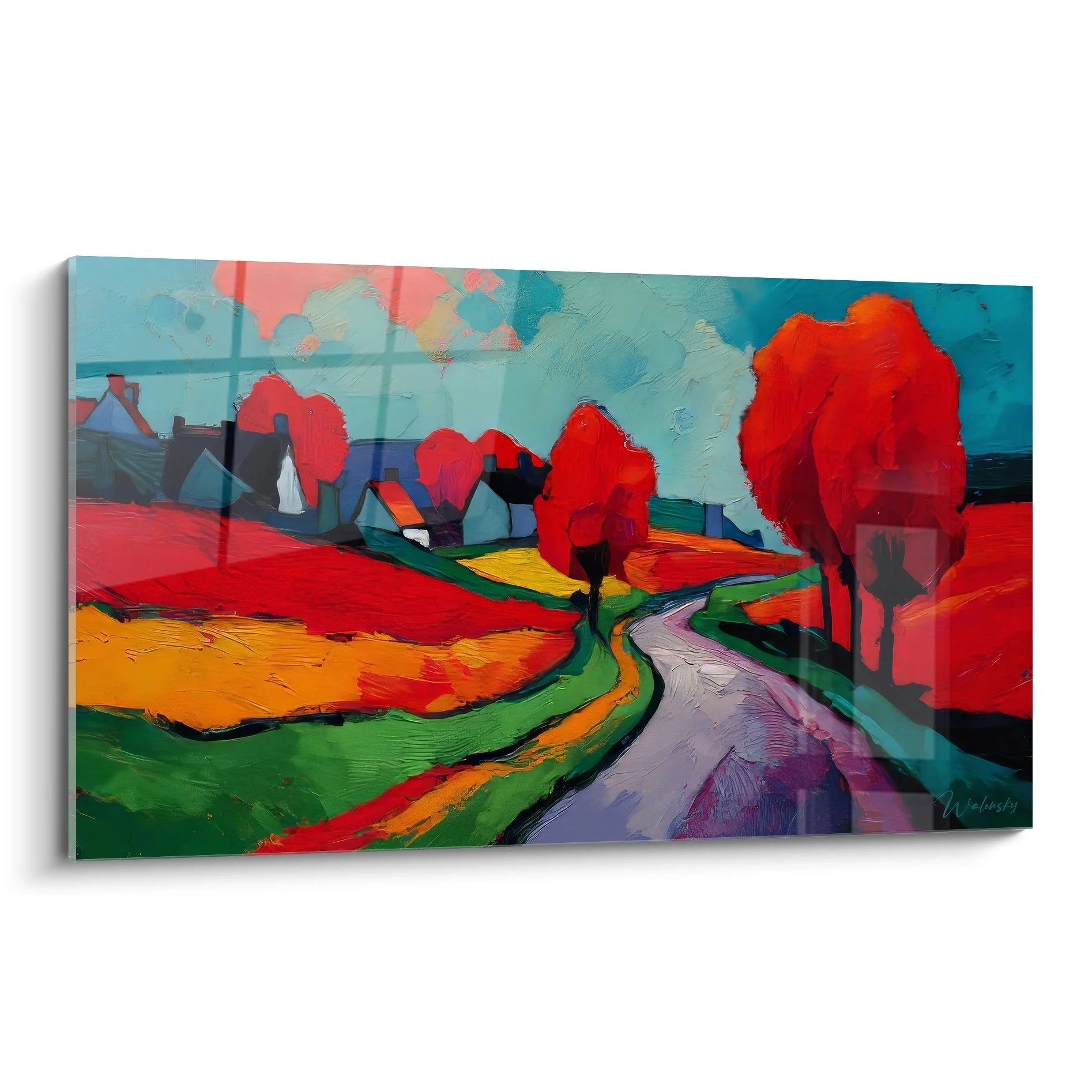 Wandbild Herbstlandschaft mit buntem Landweg und roten Bäumen - Edition Landschaft