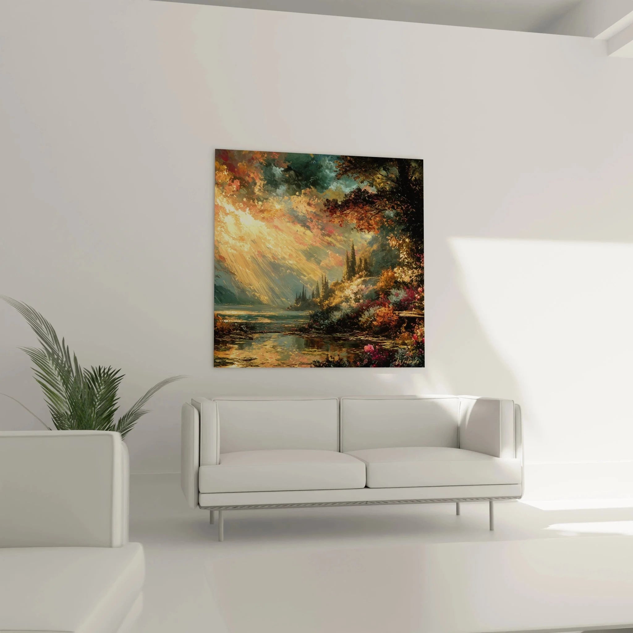 Nahaufnahme Wandbild Details goldene Sonnenstrahlen durch Herbstbäume romantische Malerei Gotik