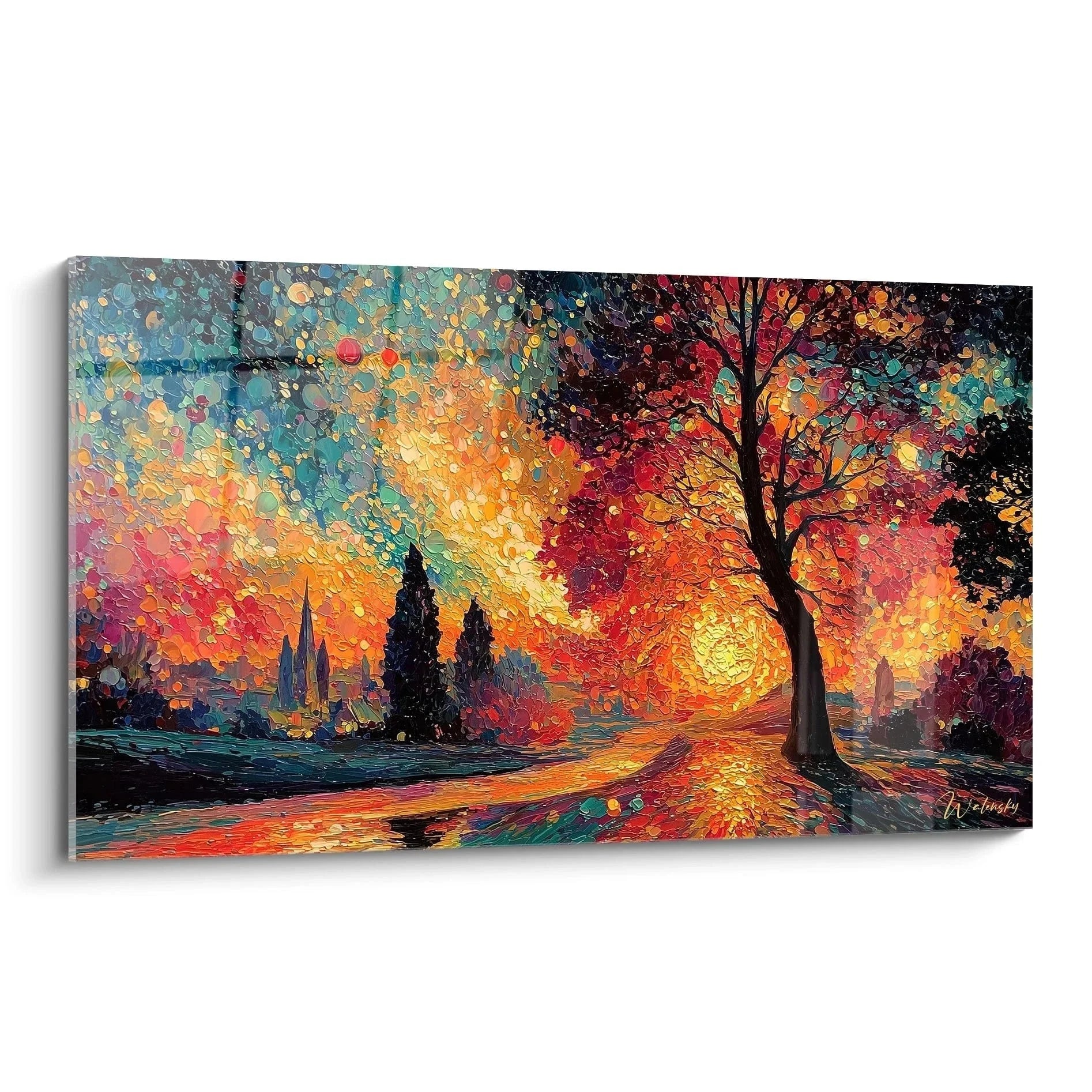 Wandbild Herbstlandschaft Pointillismus mit leuchtendem Baum am See in warmen Herbstfarben