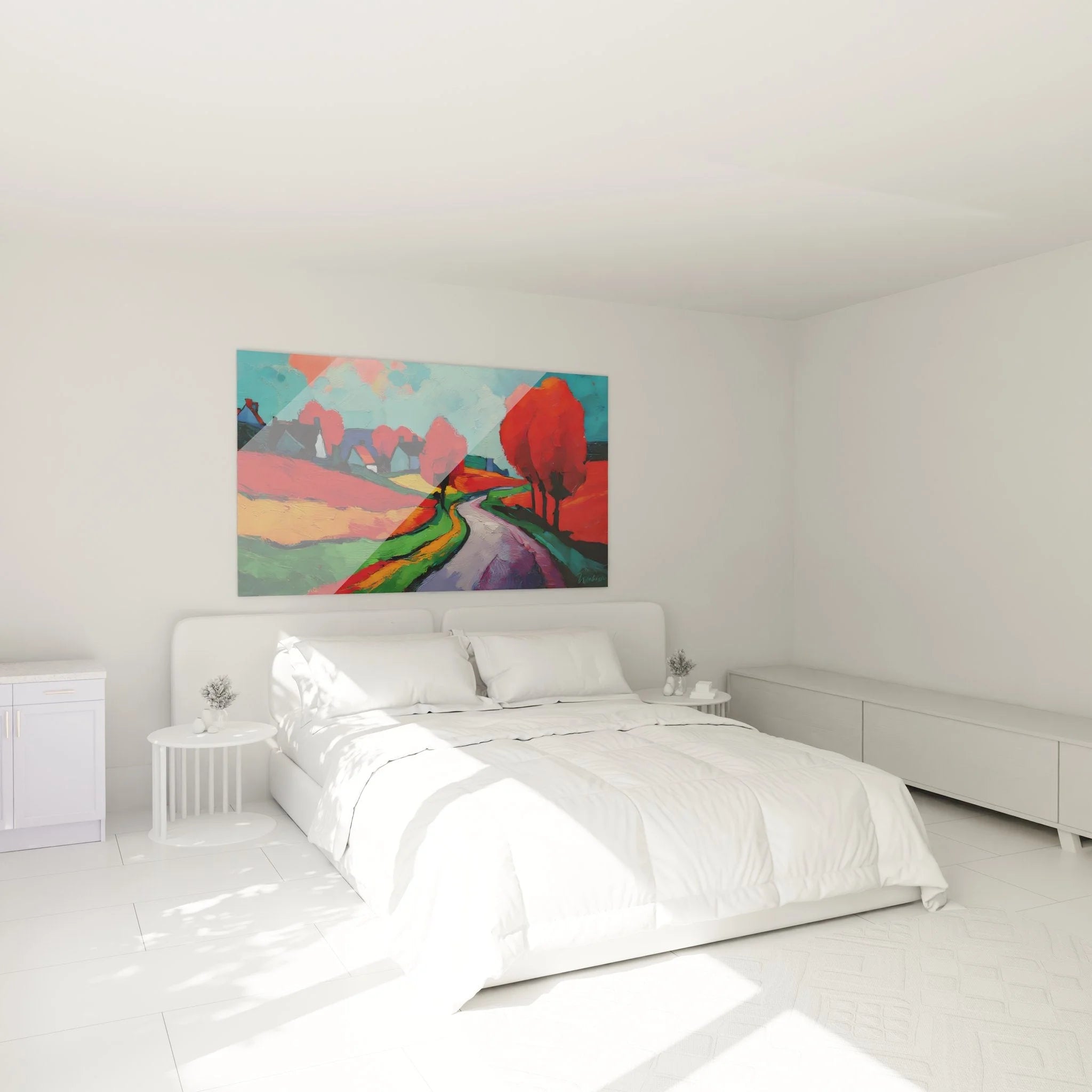 Wandbild Herbstlandschaft im Schlafzimmer - Modernes Landschaftsgemälde mit Herbstbäumen