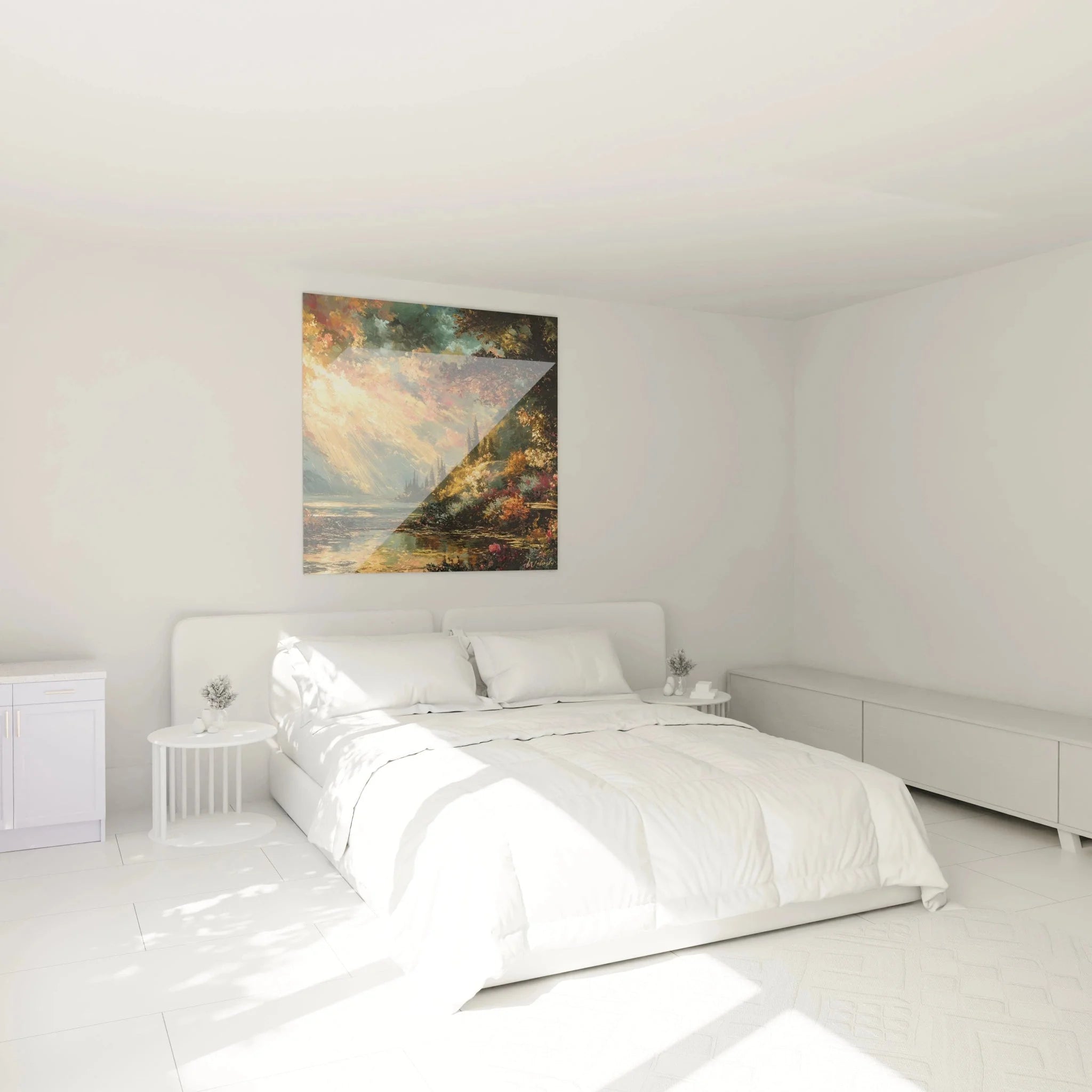 Wandbild XXL Herbstlandschaft mit Lichteinfall in modernem Schlafzimmer Ambiente gotischer Stil