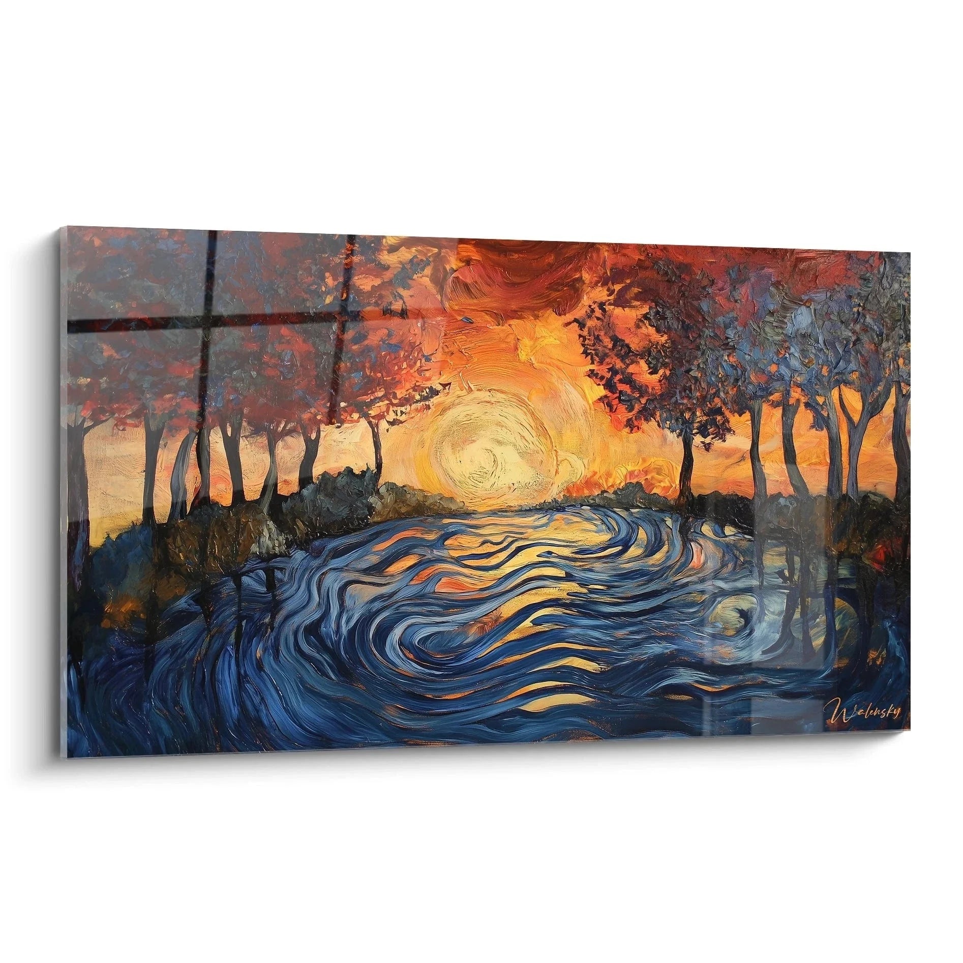 Wandbild Herbstlandschaft mit wirbelndem Himmel und Fluss im Stil Caspar David Friedrich