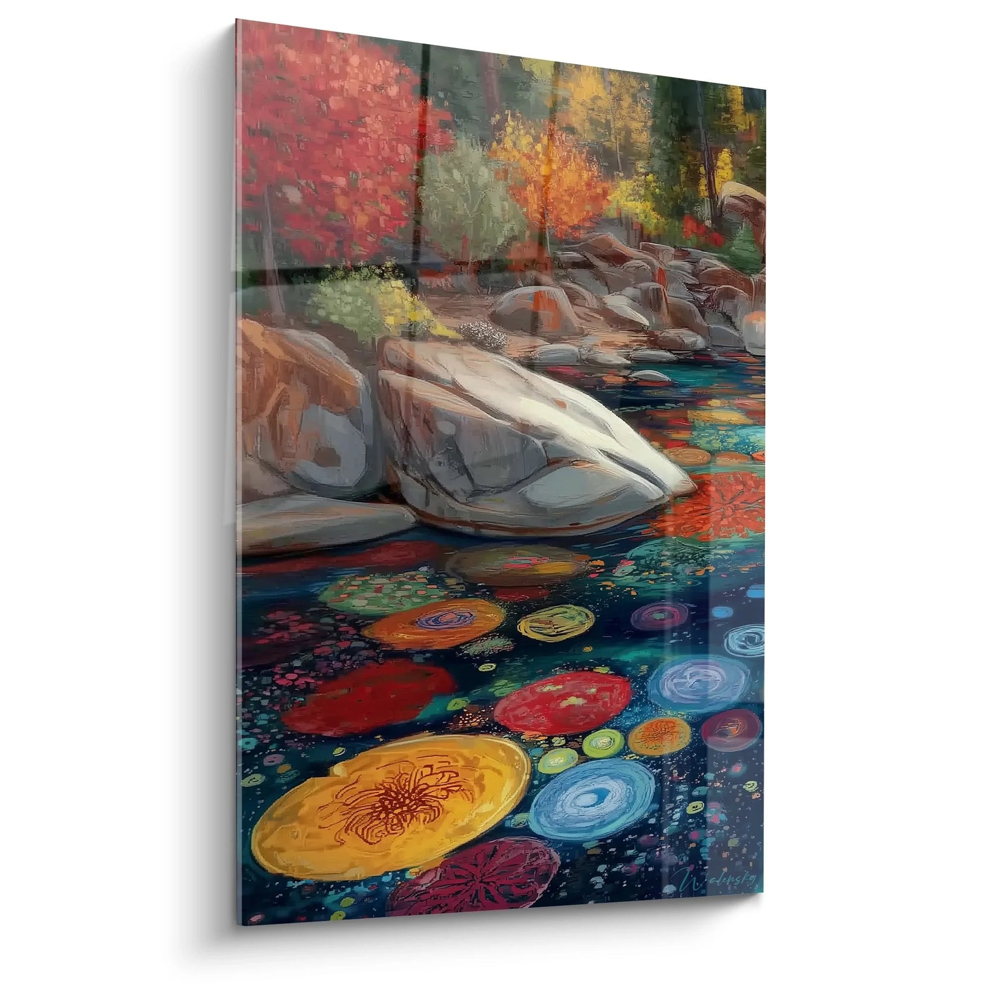 Wandbild herbstlicher Gebirgsbach mit bunten mystischen Reflexionen im Wasser zwischen Sandsteinfelsen