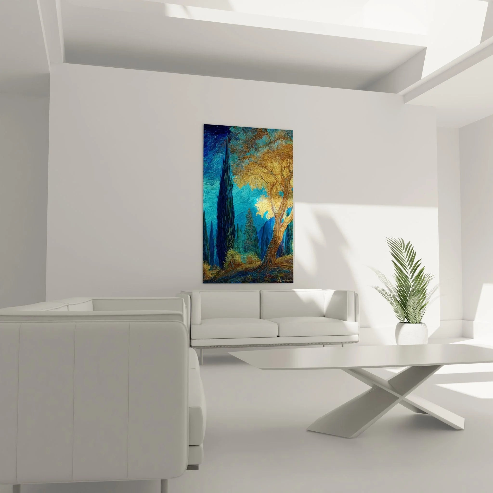 Nahaufnahme Wandbild Herbstwald Details, Van Gogh Pinselstriche und goldbraune Baumtextur sichtbar