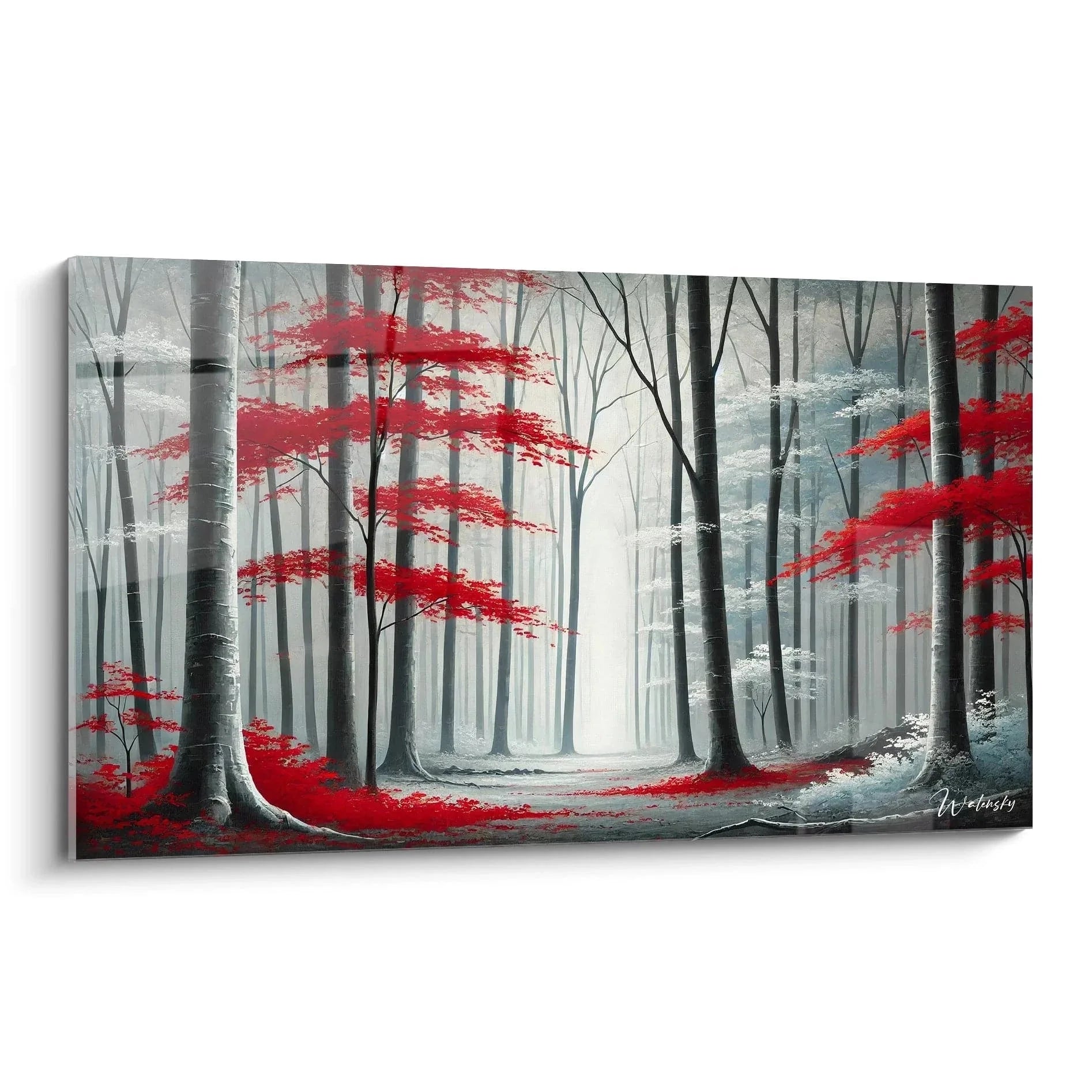 Wandbild Herbstwald mit roten Blättern und Nebel, mystische Waldlandschaft XXL