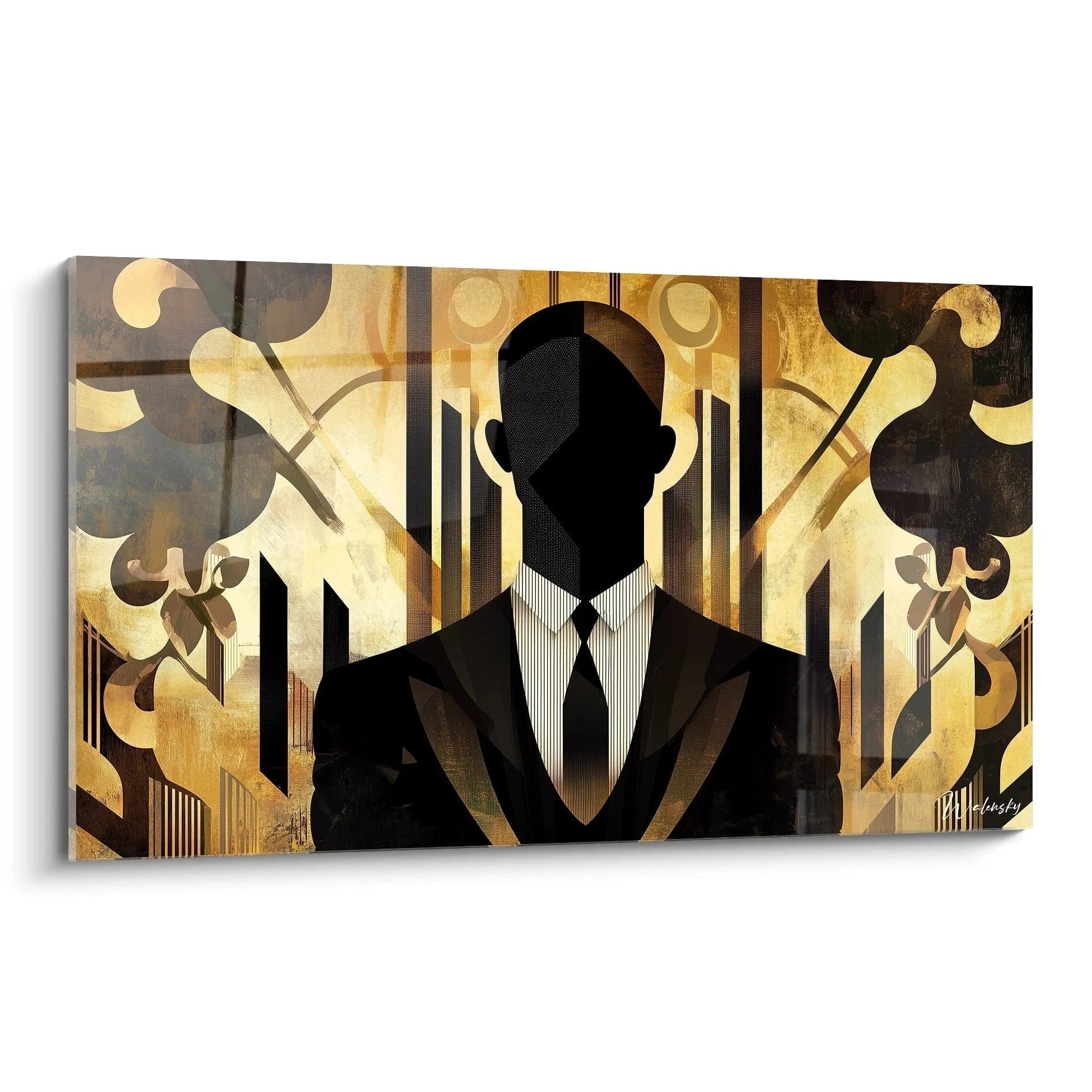 Wandbild Herr im Anzug - Eleganter Gentleman im Modigliani-Stil mit goldenen Ornamenten