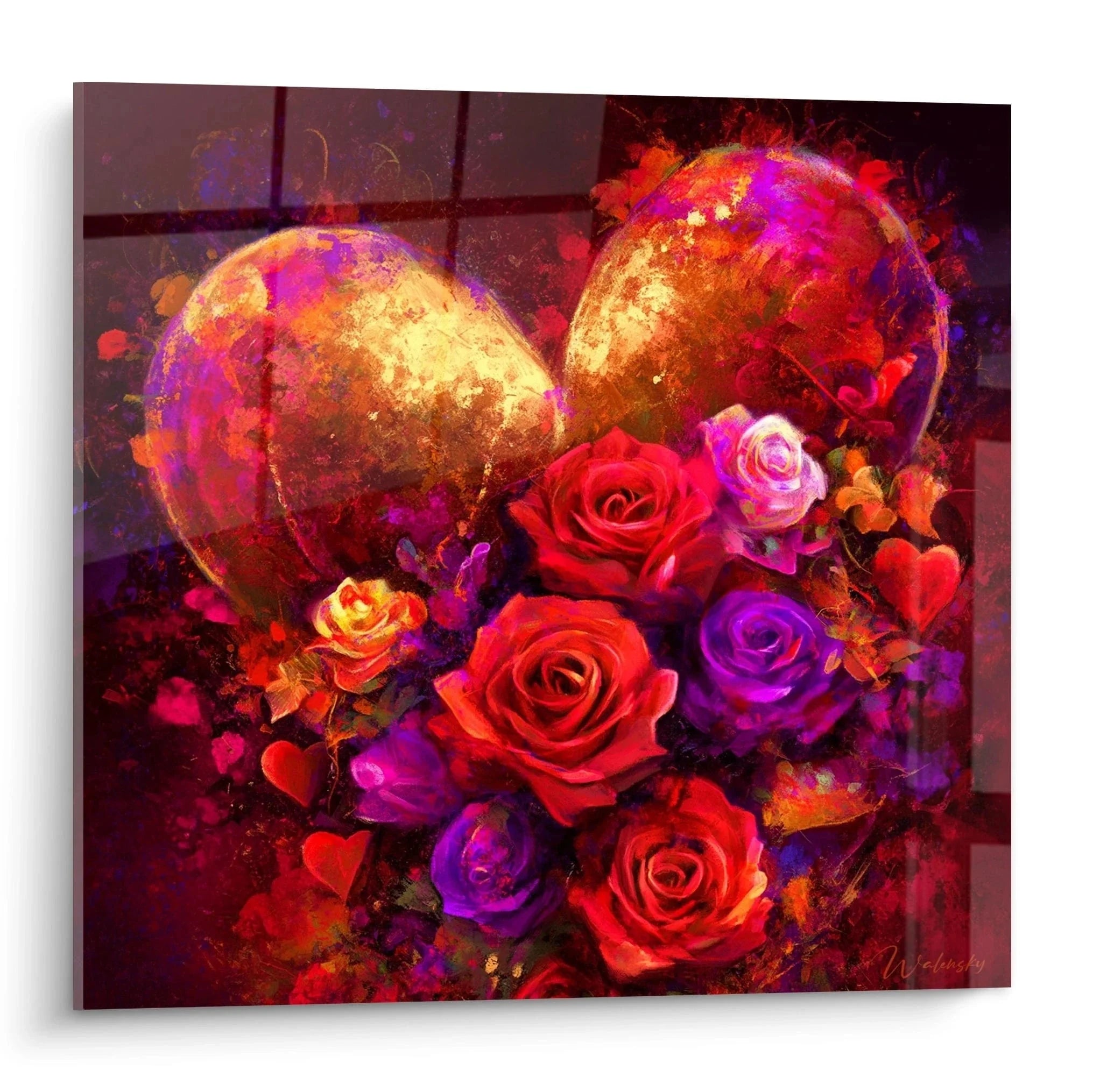 Romantisches Wandbild mit leuchtendem goldenen Herz und roten violetten Rosen Valentinstag Edition