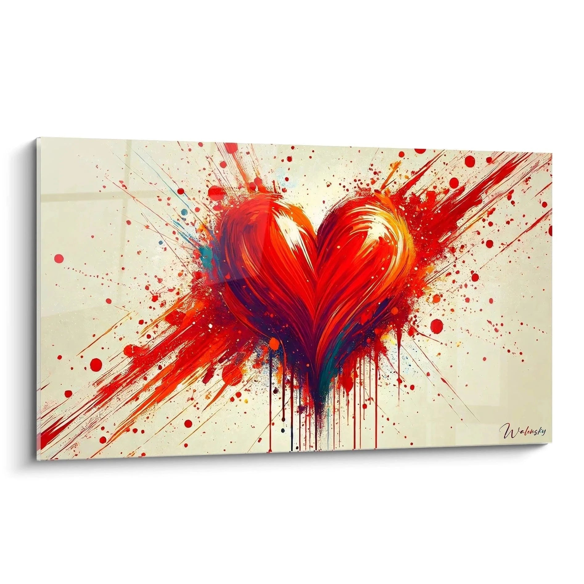 Wandbild Herz rot explosiv - Modernes Leinwandbild mit Herzmotiv in leuchtenden Rottönen und Farbspritzern